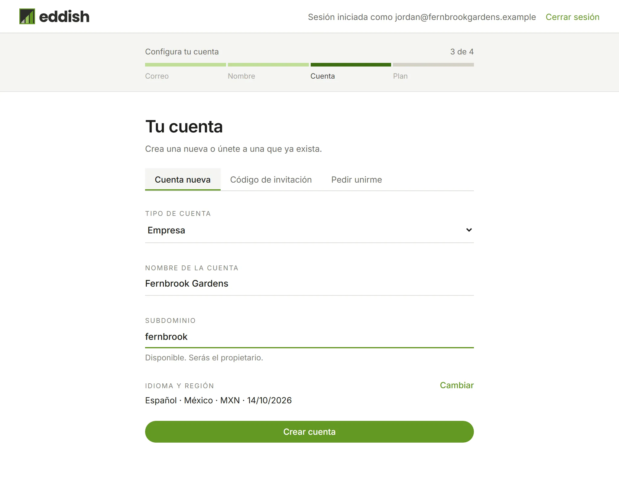 El paso de la cuenta con Empresa elegida, el nombre Fernbrook Gardens y el subdominio fernbrook