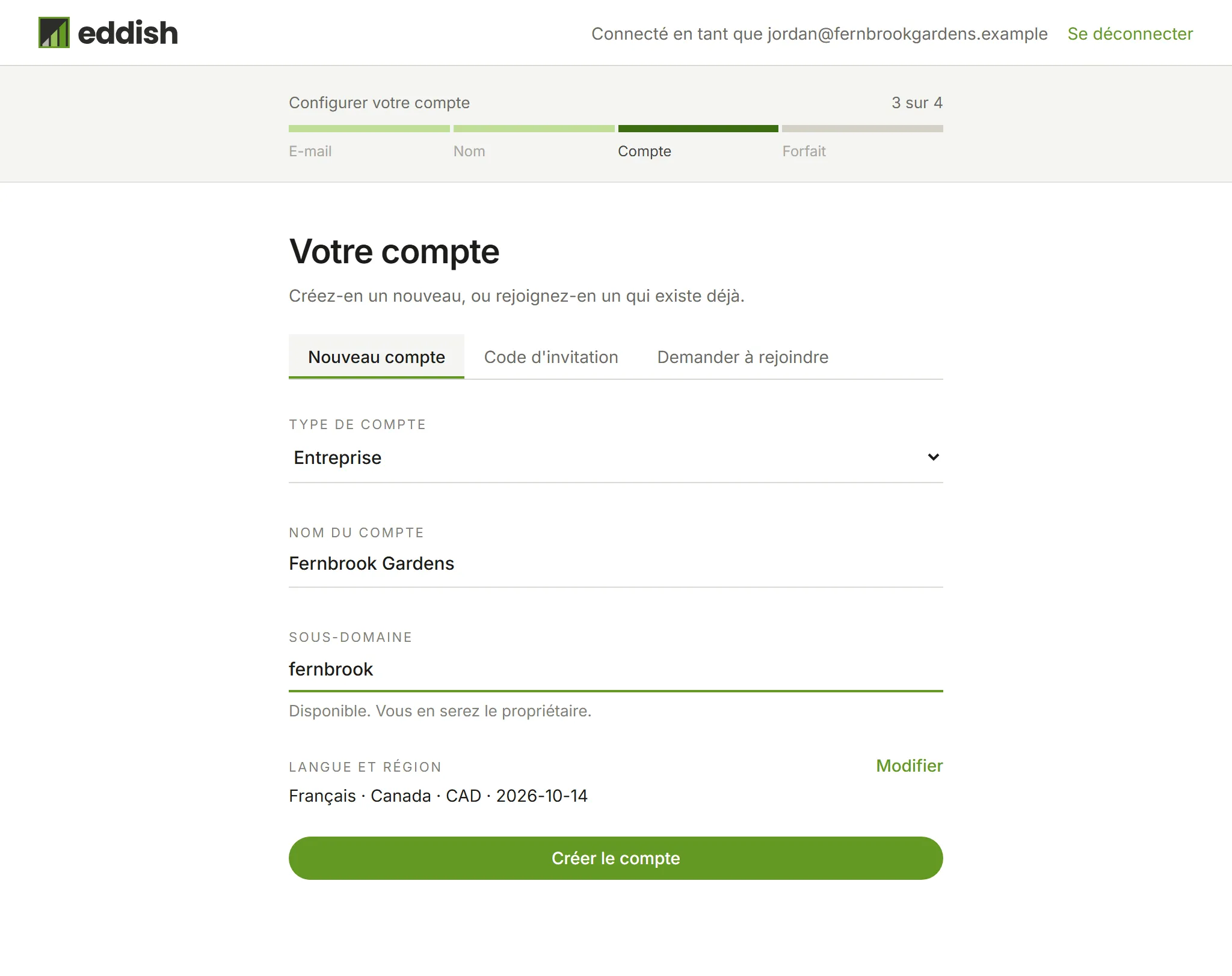 L'étape du compte avec Entreprise choisi, le nom Fernbrook Gardens et le sous-domaine fernbrook