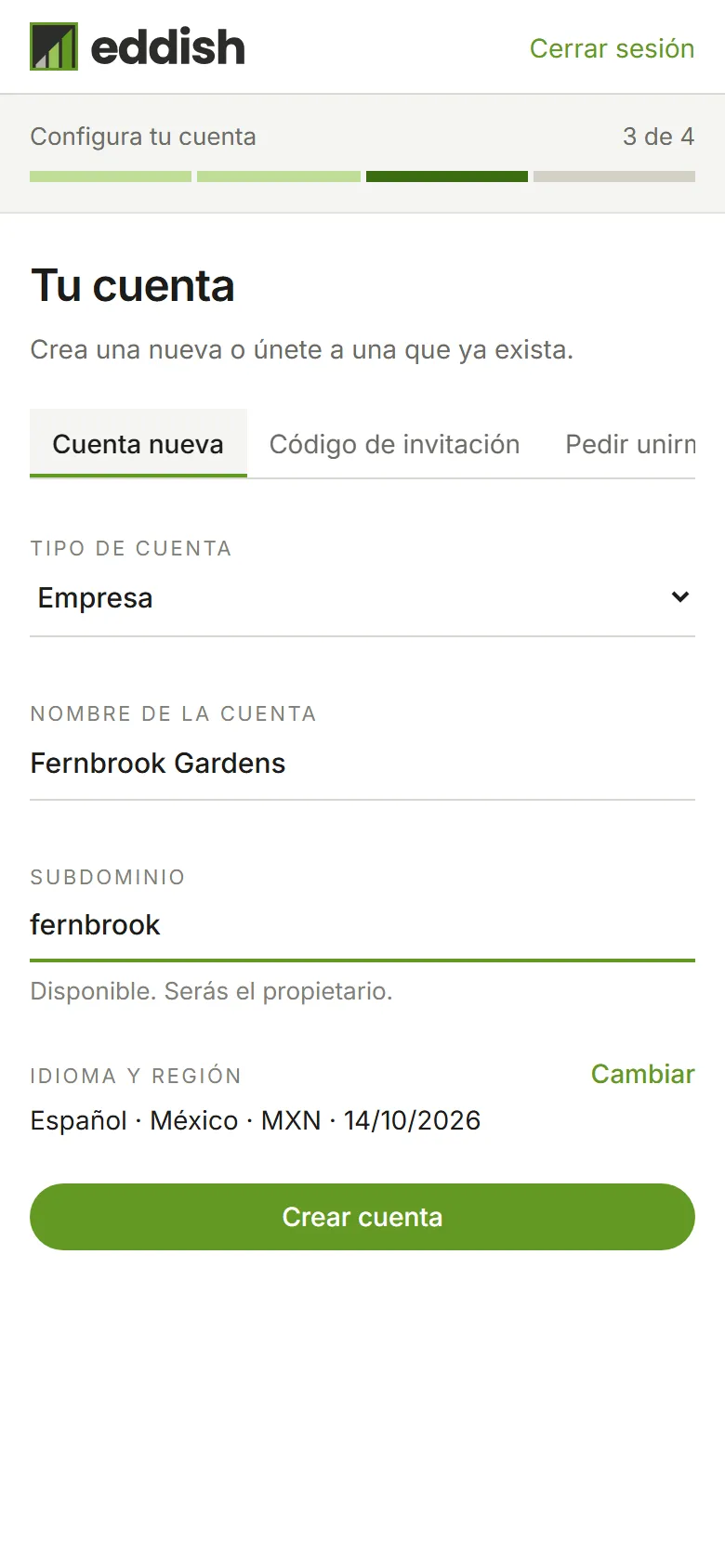 El paso de la cuenta con Empresa elegida, el nombre Fernbrook Gardens y el subdominio fernbrook