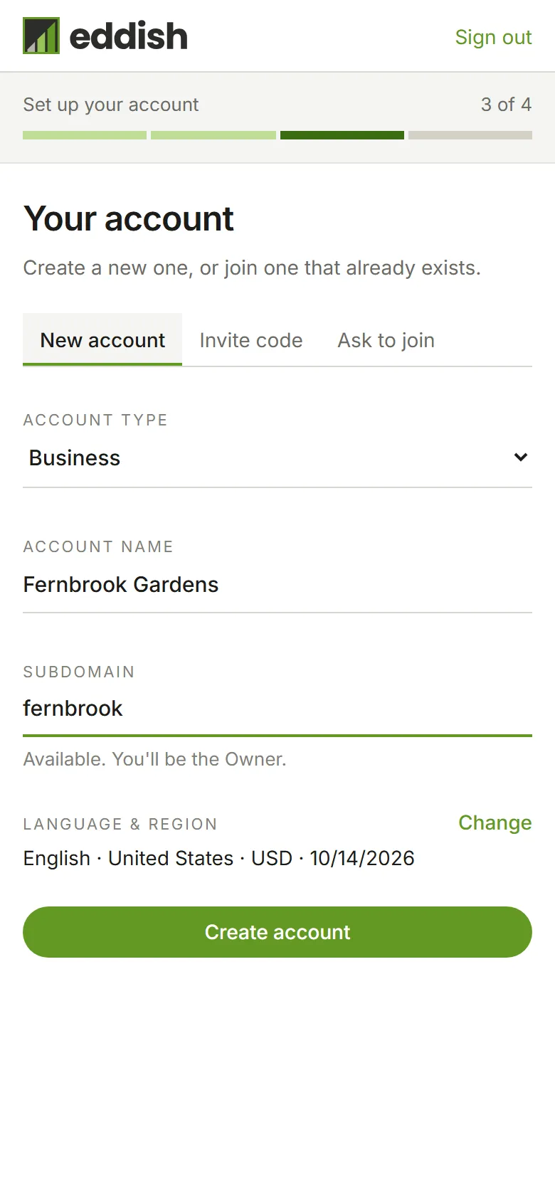 The account step with Business chosen, the name Fernbrook Gardens and the subdomain fernbrook