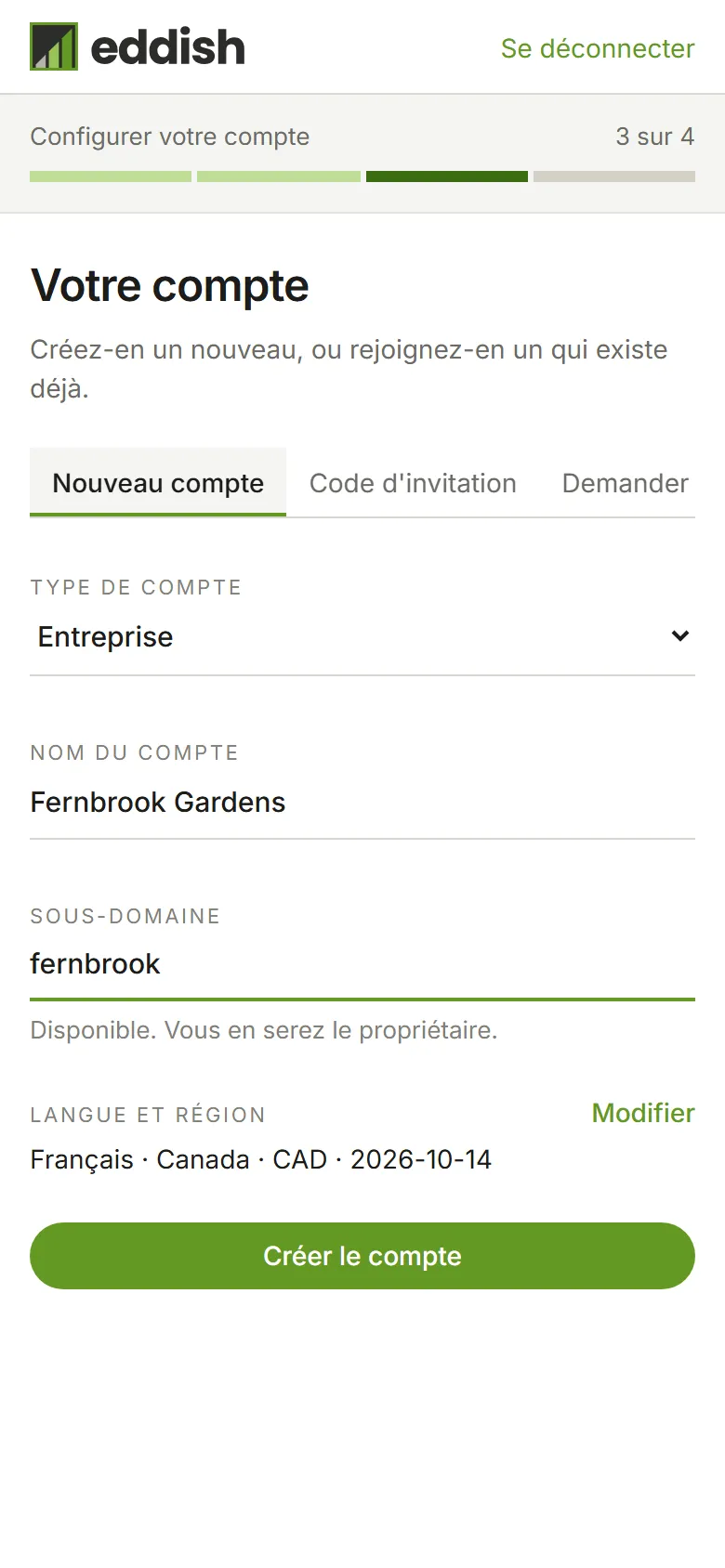 L'étape du compte avec Entreprise choisi, le nom Fernbrook Gardens et le sous-domaine fernbrook