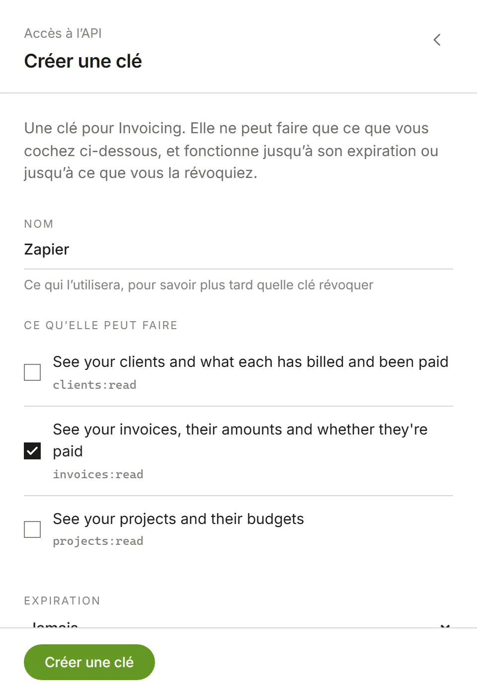 Créer une clé : un nom et ce que la clé peut faire