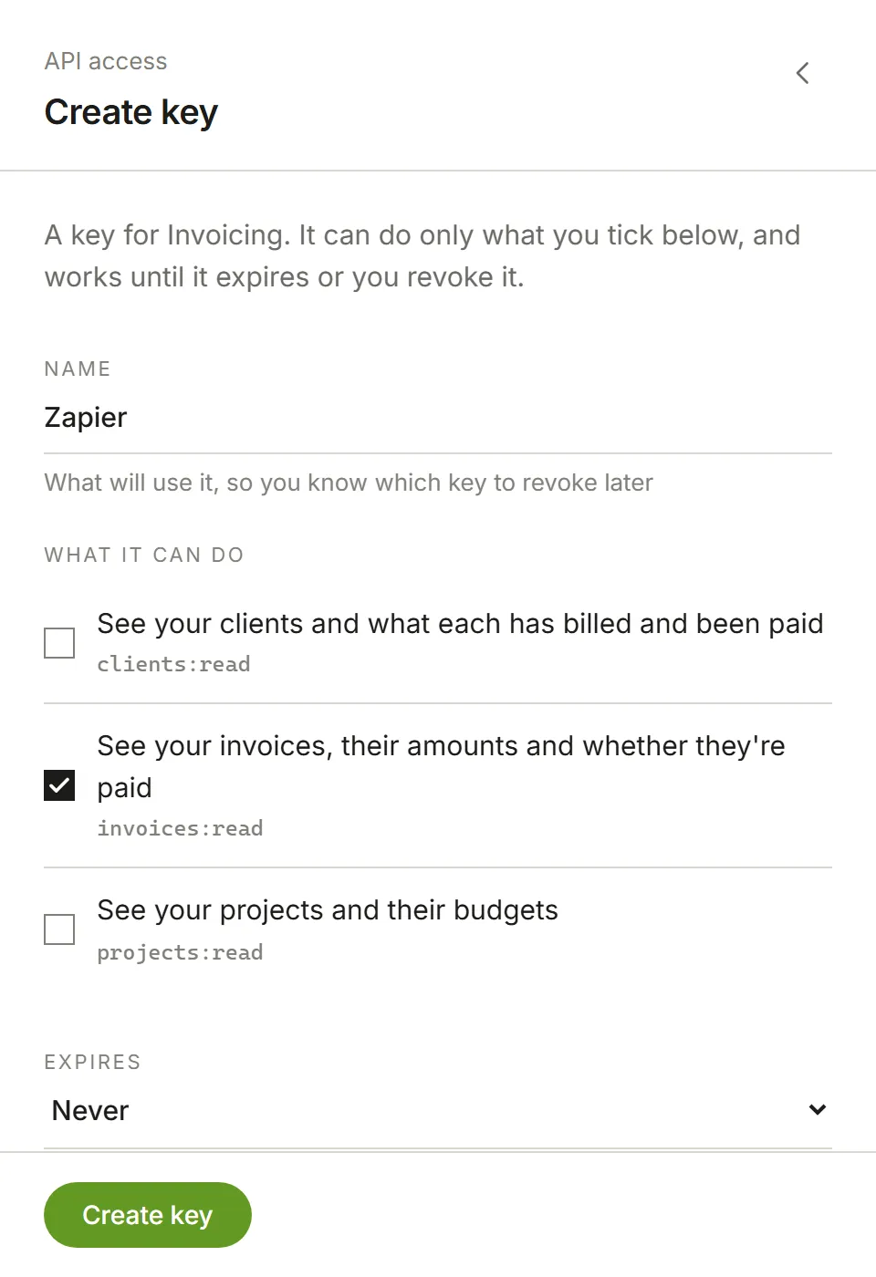 Create key: a name and what the key may do