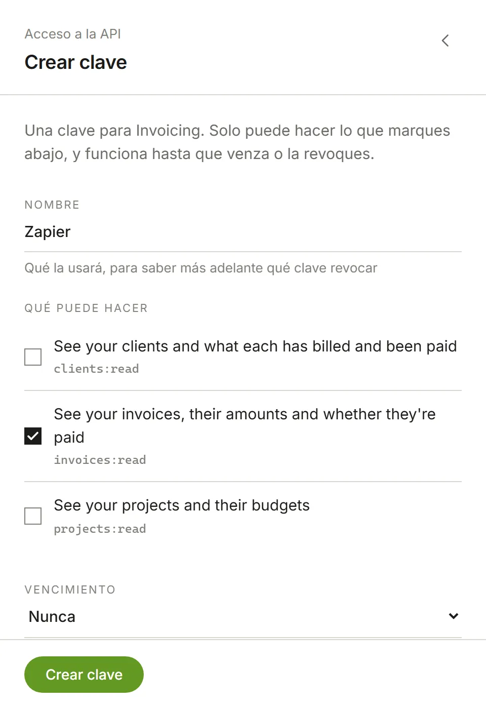 Crear clave: un nombre y lo que la clave puede hacer