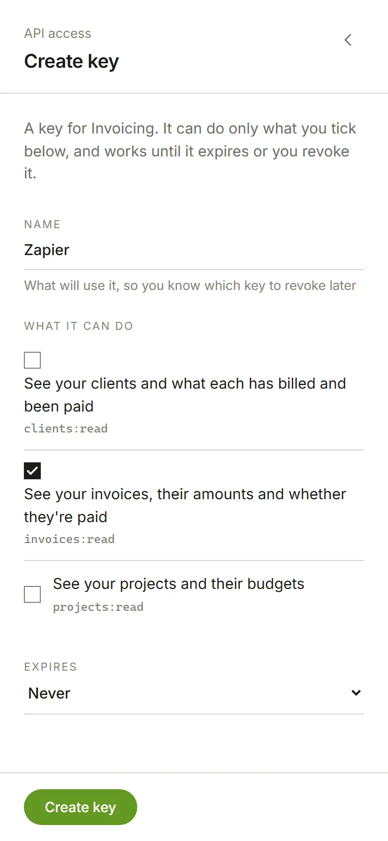 Create key: a name and what the key may do