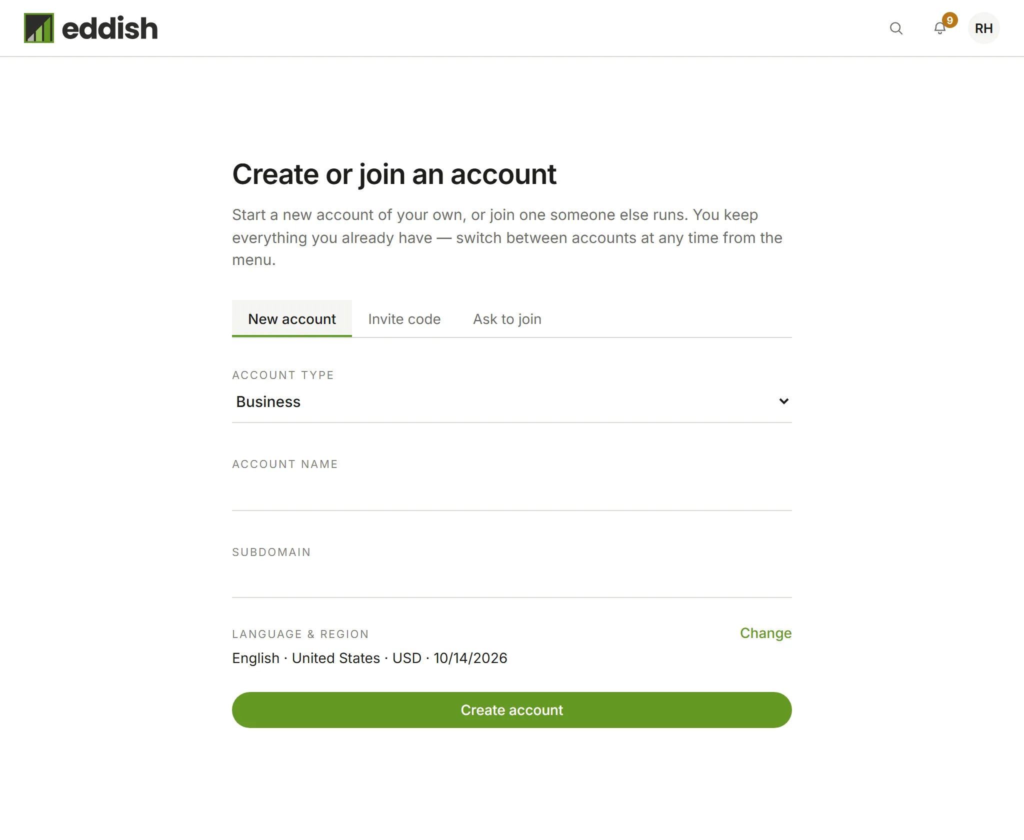 Create or join an account: New account, Invite code and Ask to join