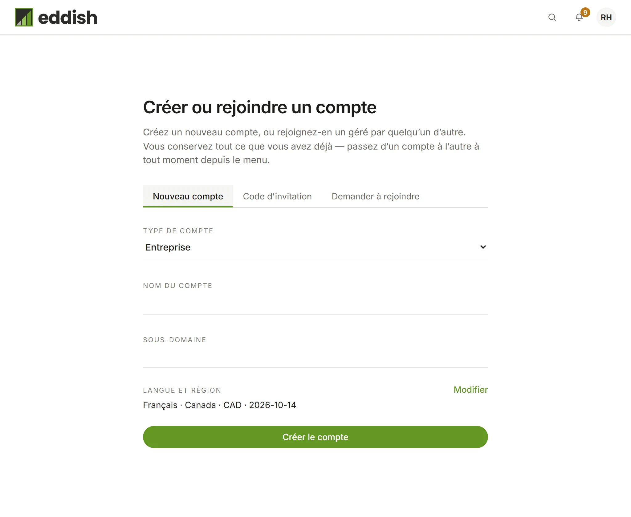 Créer ou rejoindre un compte : Nouveau compte, Code d'invitation et Demander à rejoindre