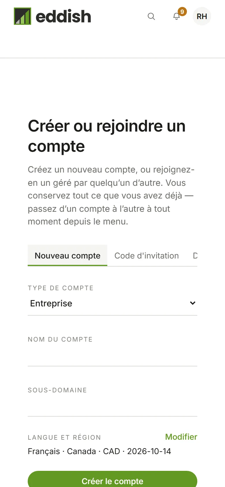 Créer ou rejoindre un compte : Nouveau compte, Code d'invitation et Demander à rejoindre