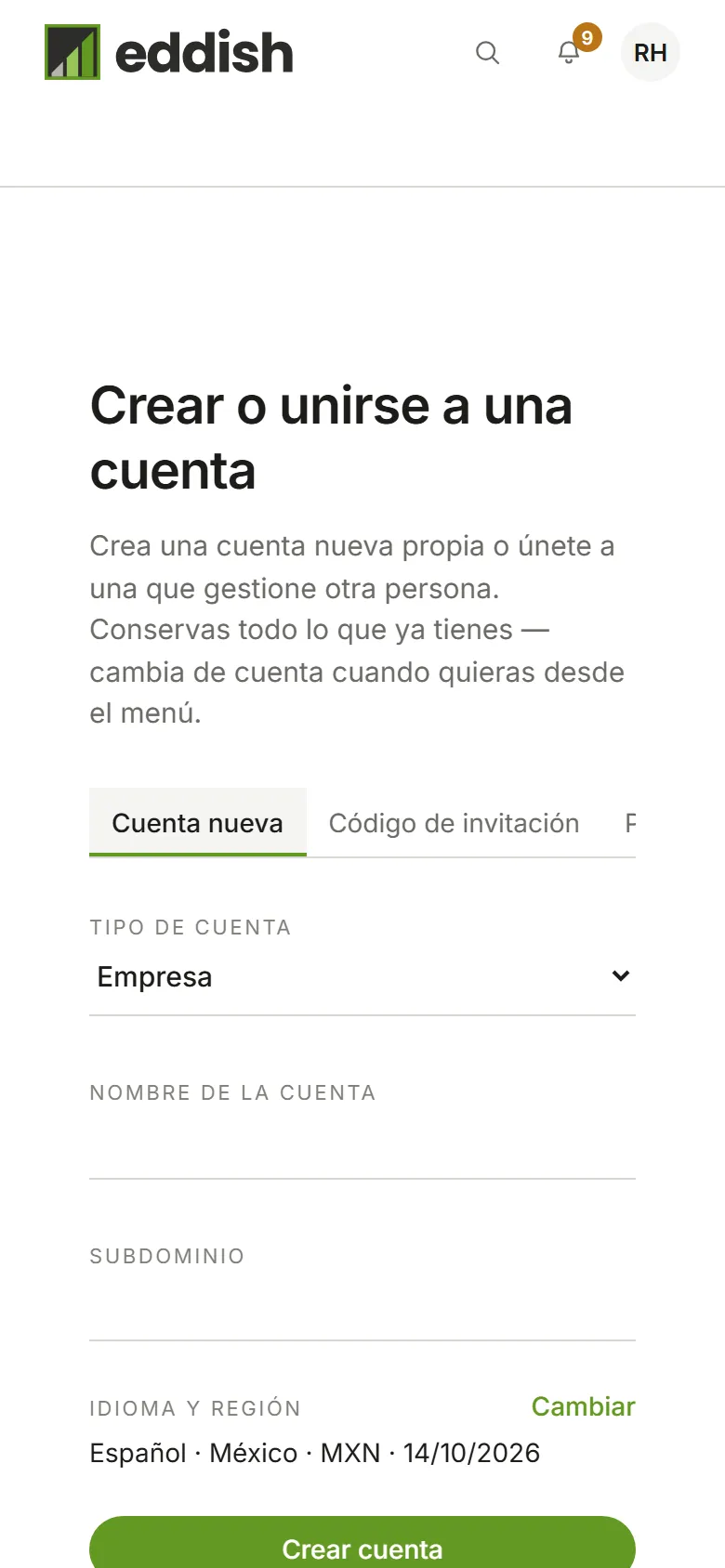 Crear o unirse a una cuenta: Cuenta nueva, Código de invitación y Pedir unirme