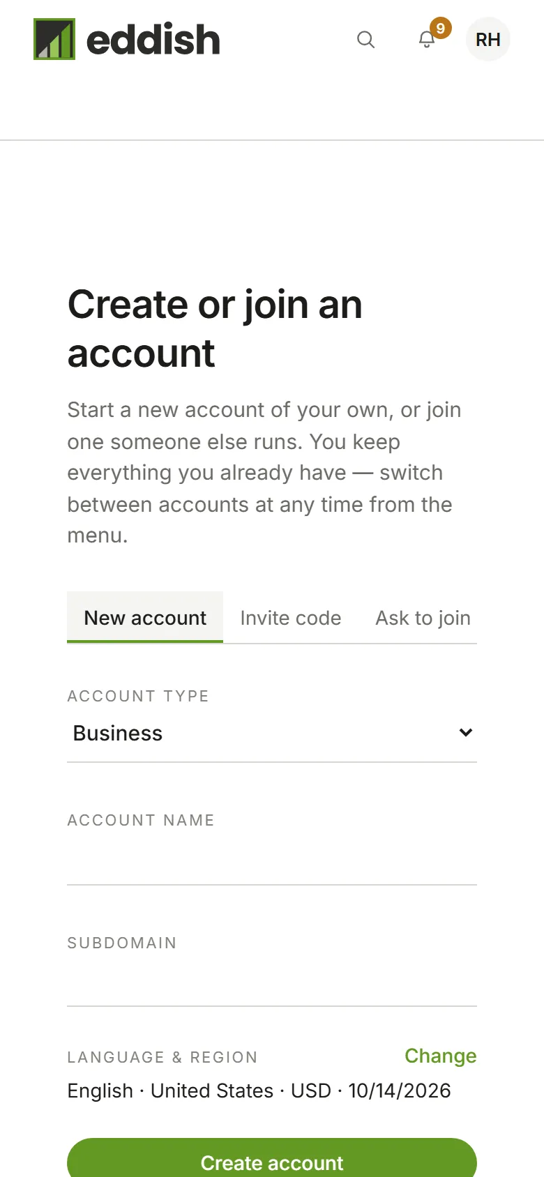 Create or join an account: New account, Invite code and Ask to join