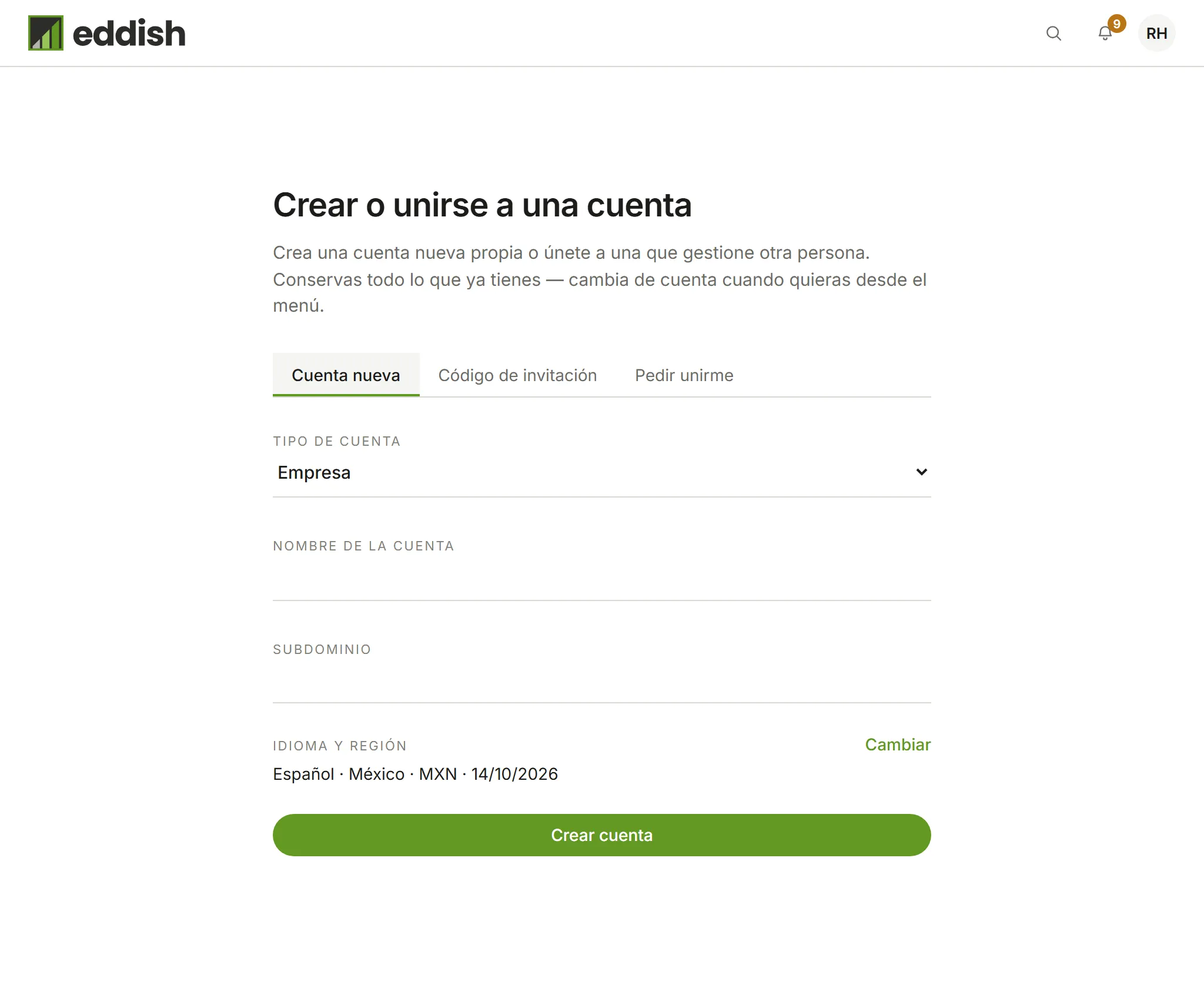 Crear o unirse a una cuenta: Cuenta nueva, Código de invitación y Pedir unirme