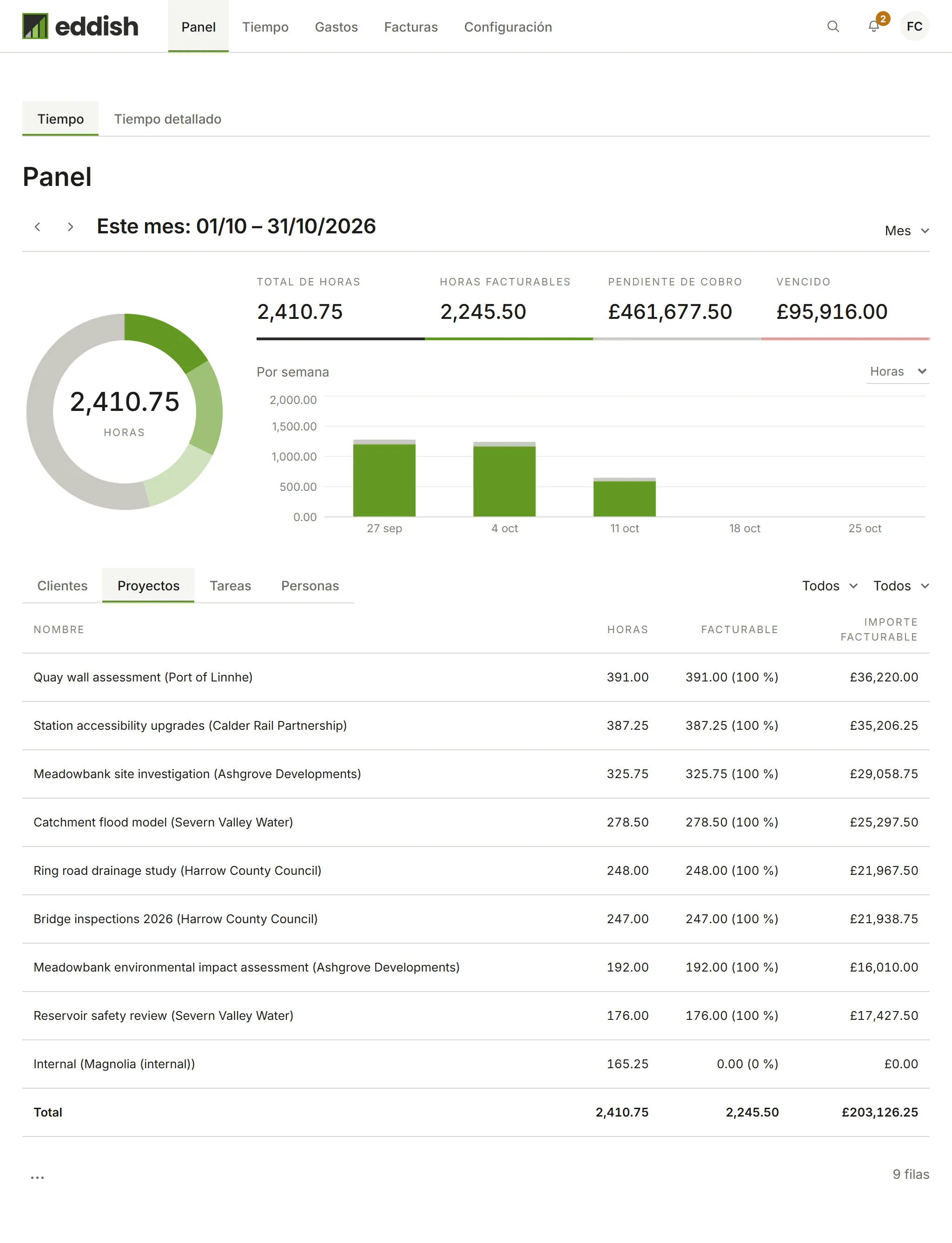 El panel desglosado por proyecto