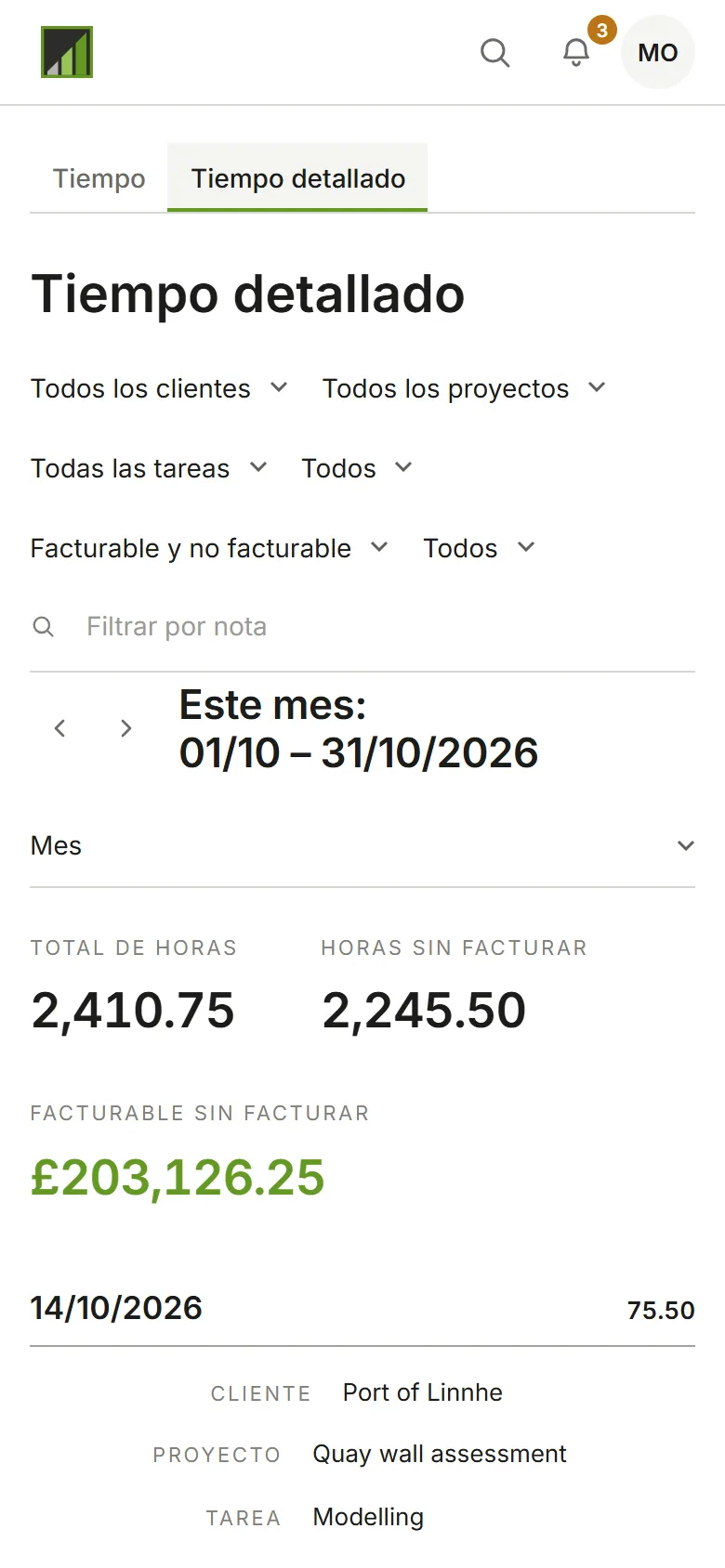 Tiempo detallado: una fila por registro