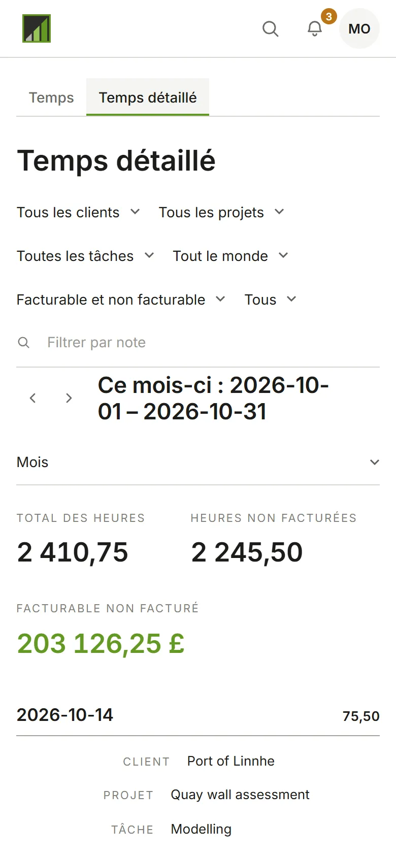 Temps détaillé : une ligne par saisie