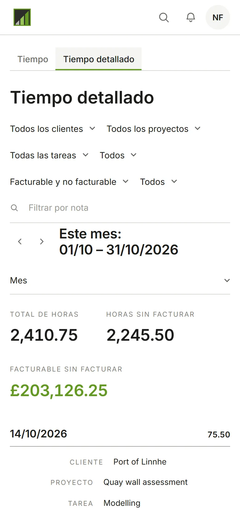Tiempo detallado: una fila por registro