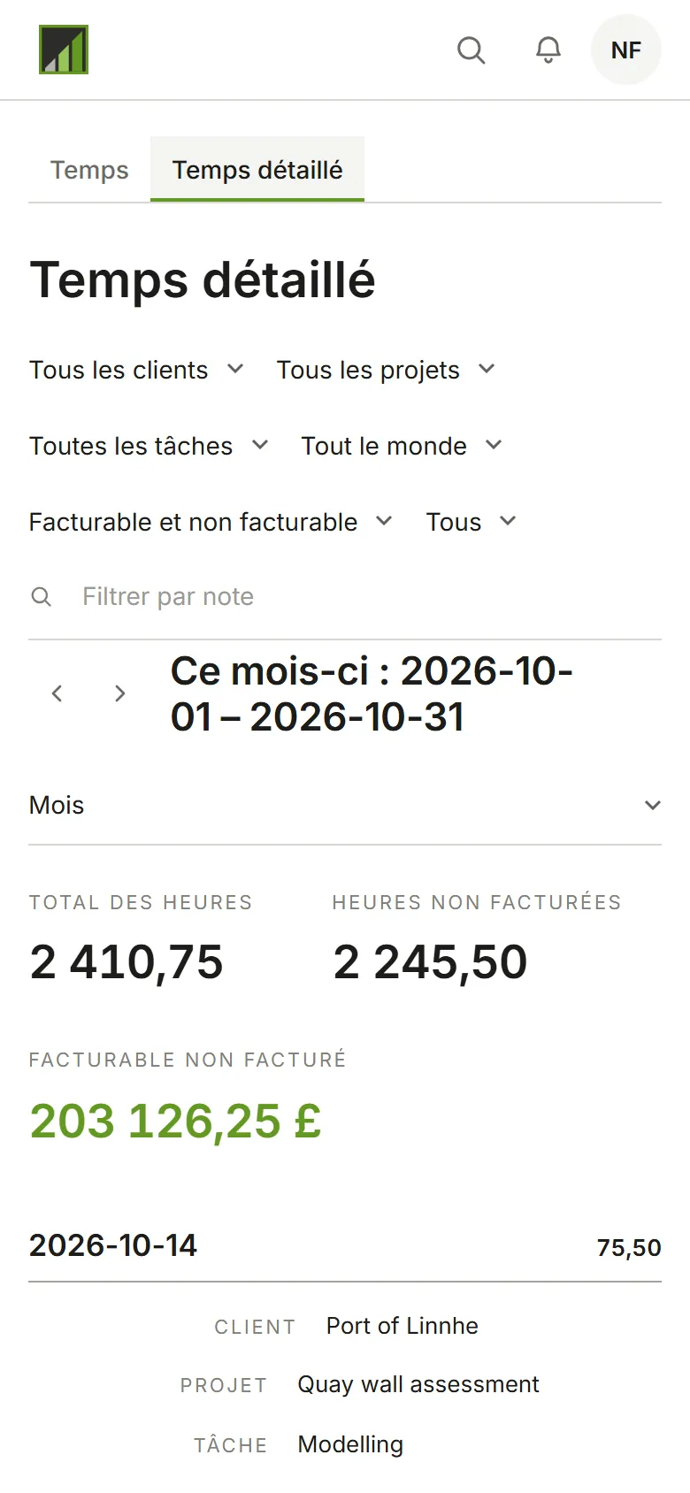 Temps détaillé : une ligne par saisie