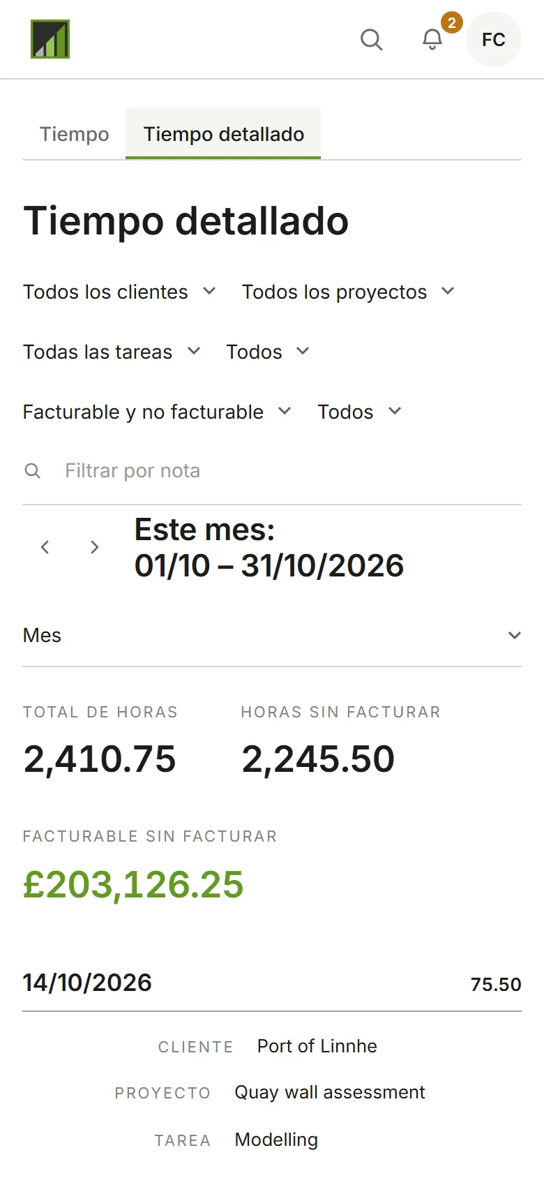 Tiempo detallado: una fila por registro
