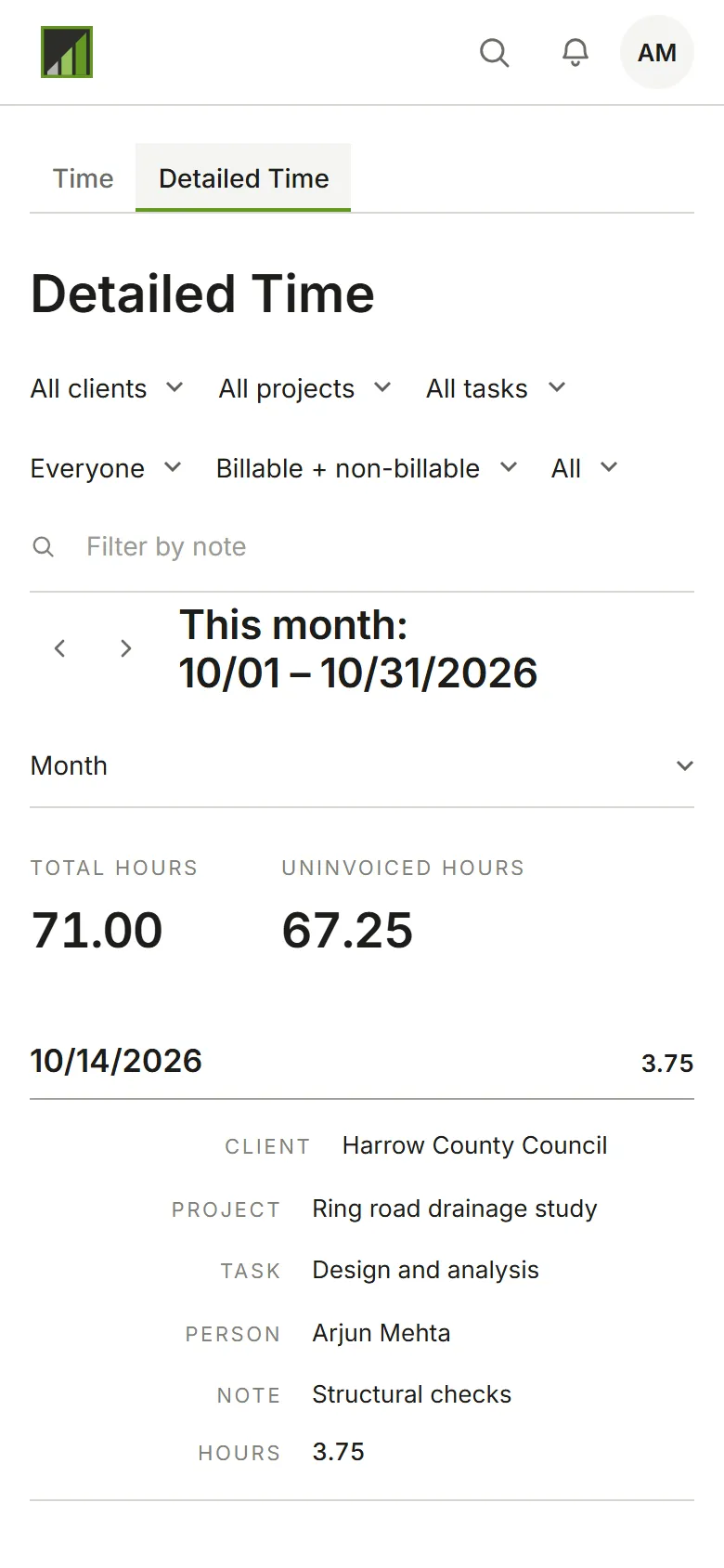 Detailed Time: one row per entry
