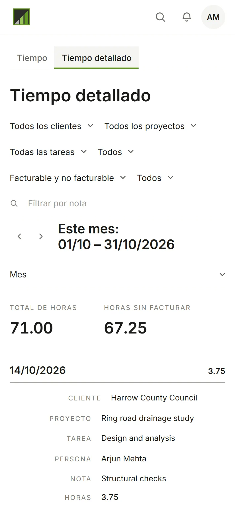 Tiempo detallado: una fila por registro