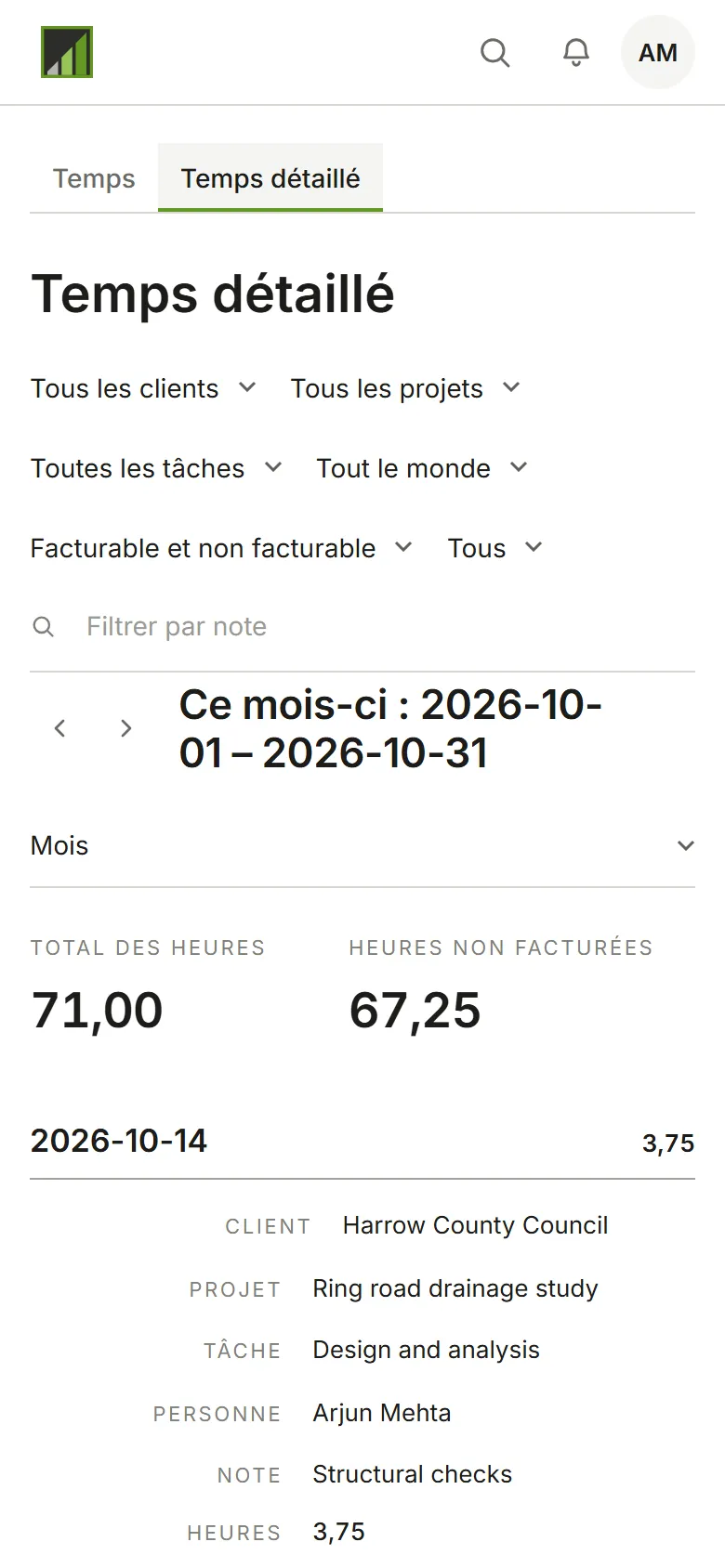 Temps détaillé : une ligne par saisie