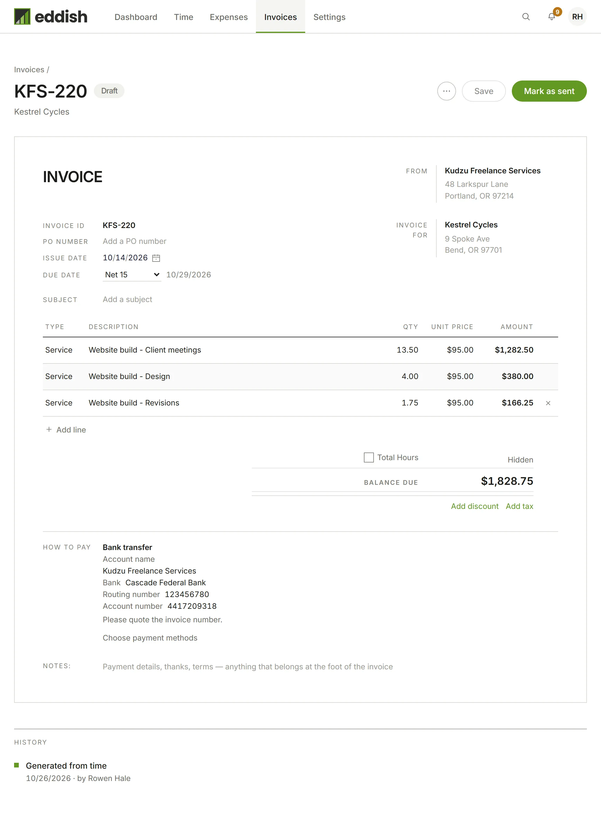 The draft invoice
