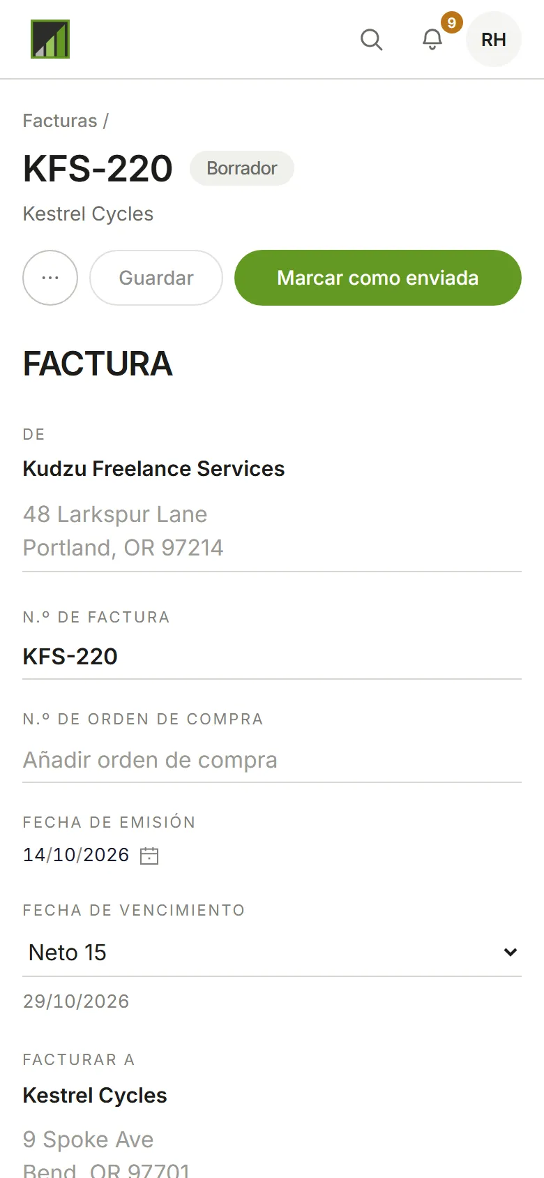 El borrador de la factura