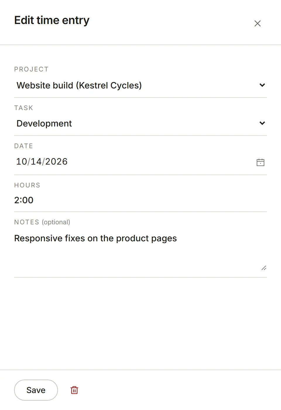 The Edit time entry panel, with Save and Delete entry