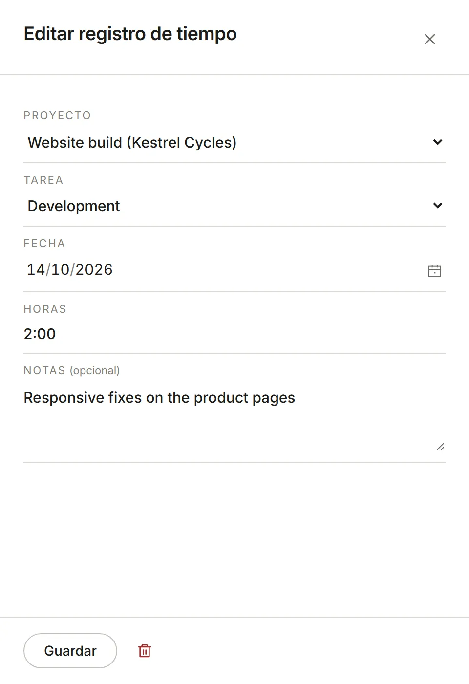 El panel Editar registro de tiempo, con Guardar y Eliminar registro