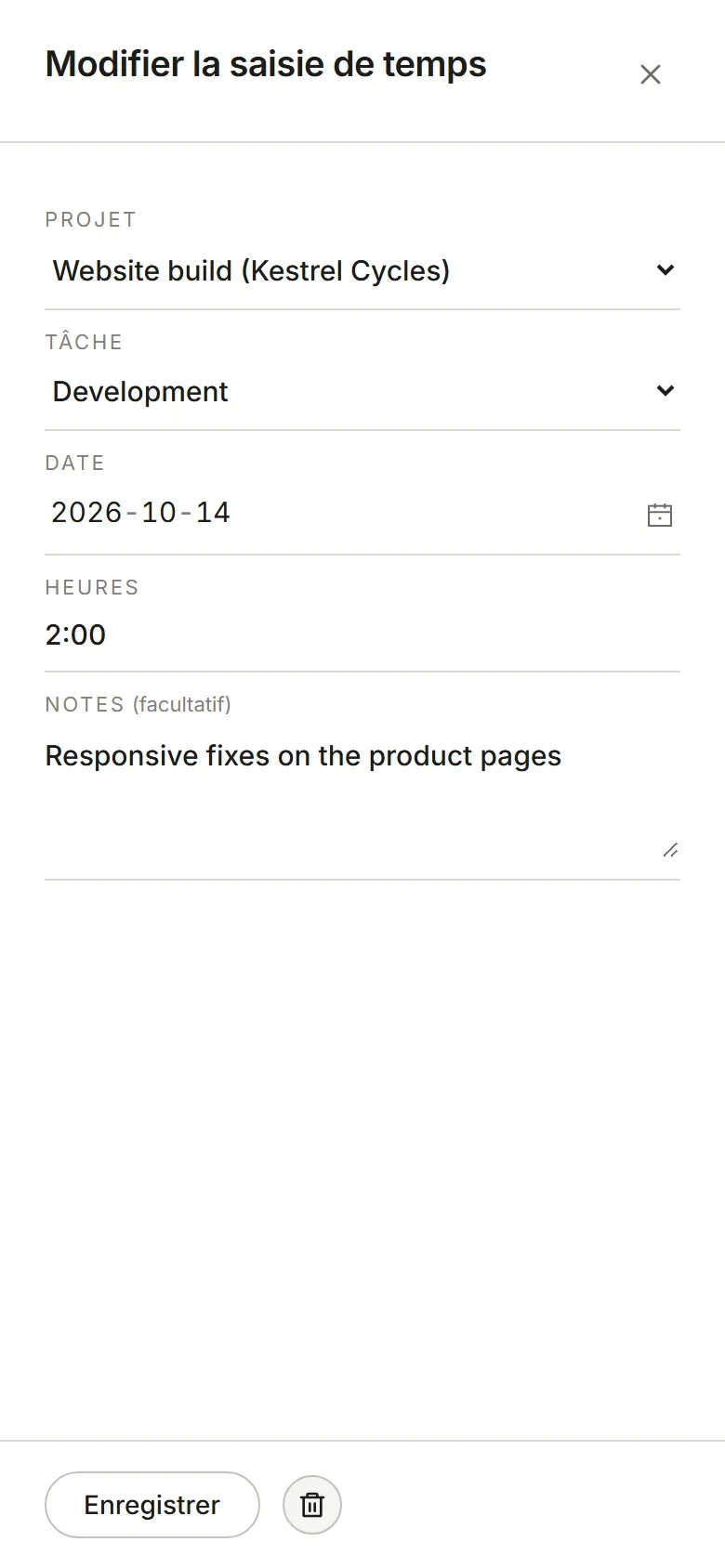 Le panneau Modifier la saisie de temps, avec Enregistrer et Supprimer la saisie