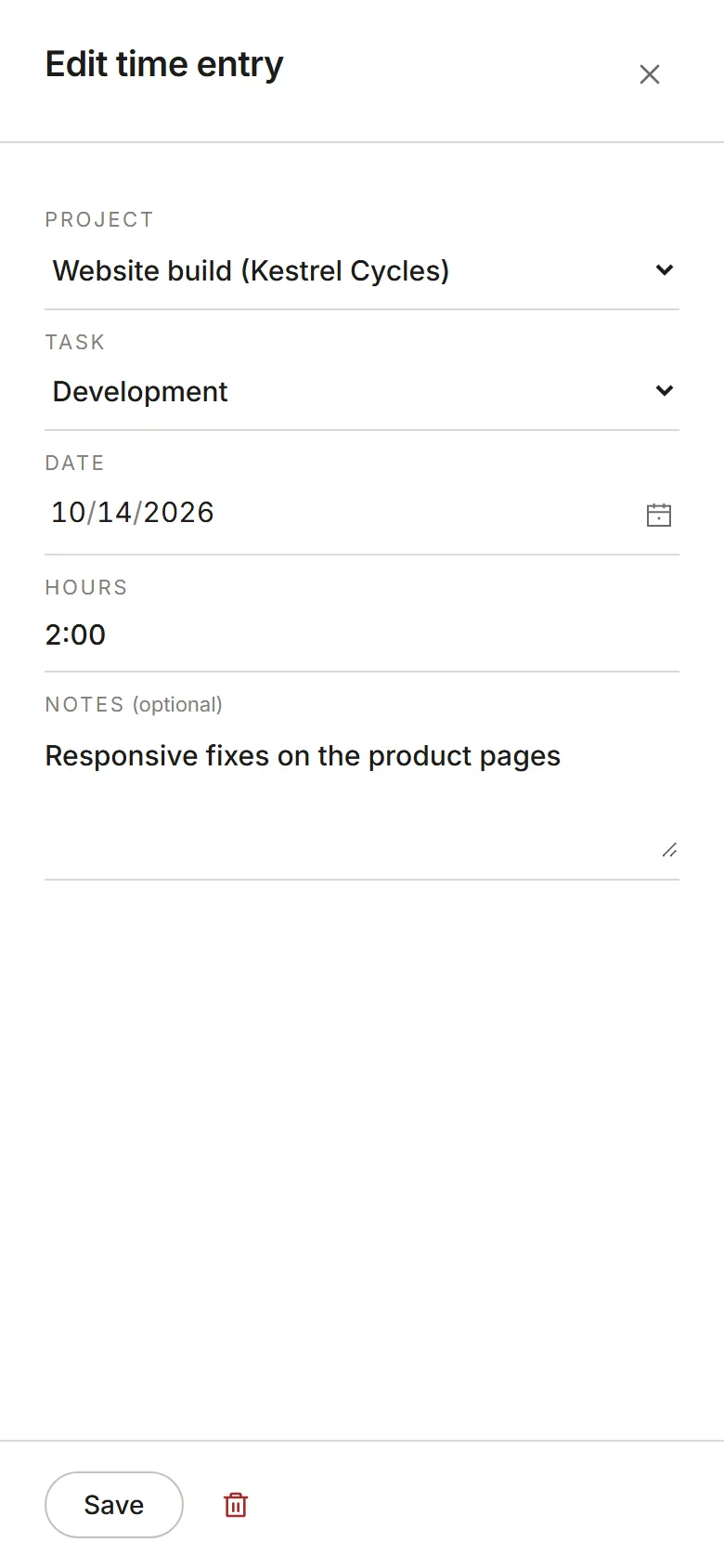 The Edit time entry panel, with Save and Delete entry