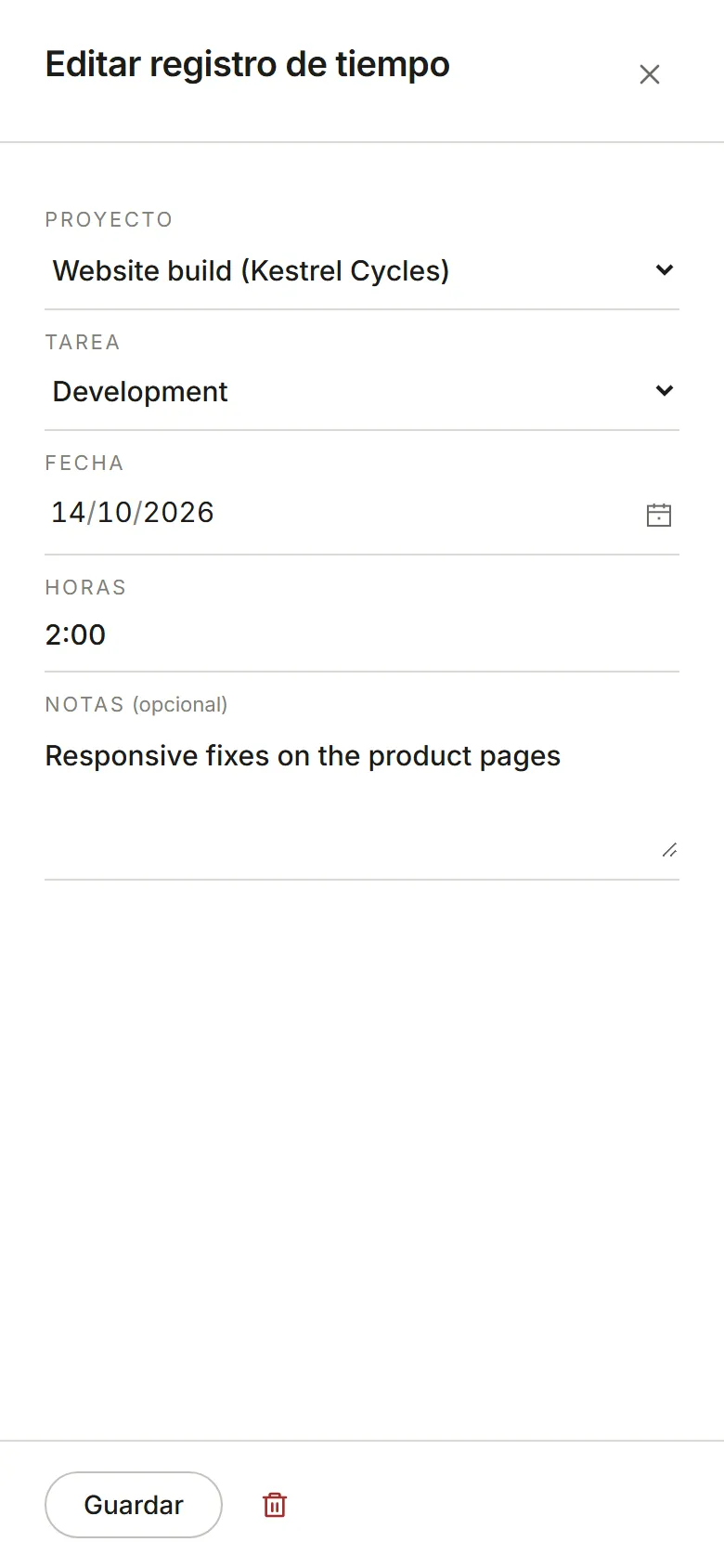El panel Editar registro de tiempo, con Guardar y Eliminar registro