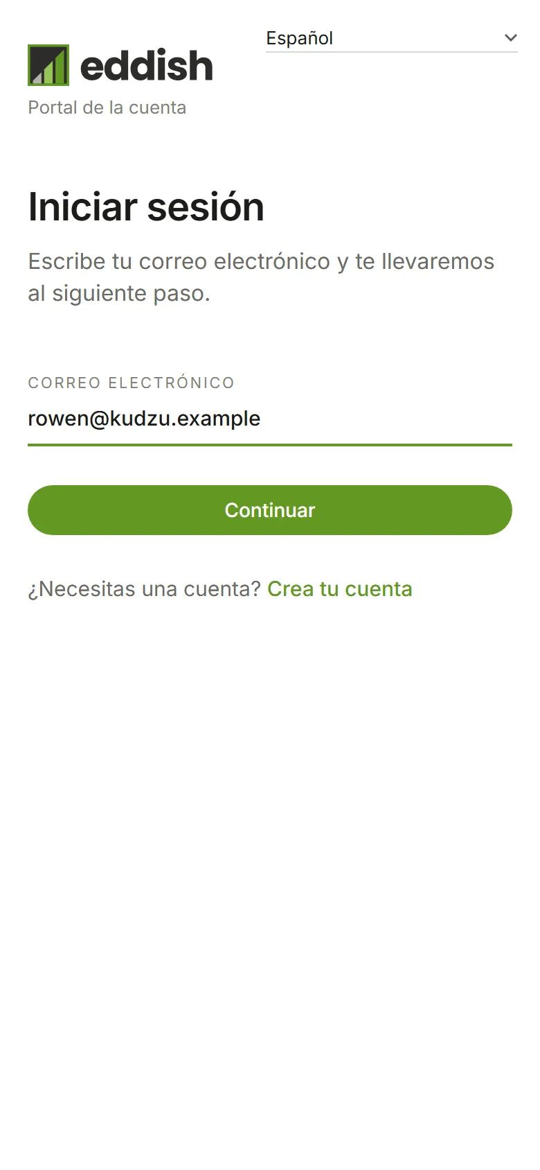 La página de inicio de sesión con una dirección de correo electrónico escrita