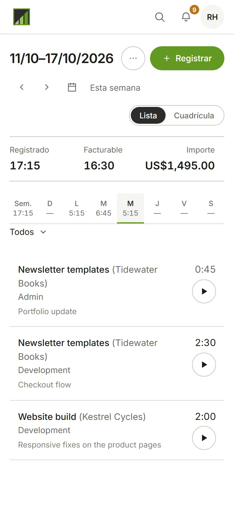 Los registros del día, con el nuevo en la lista