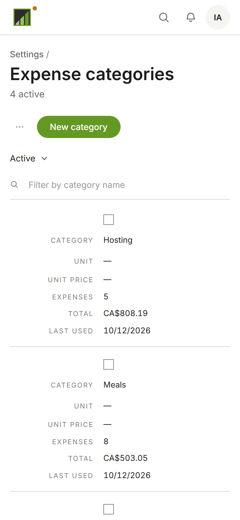The Expense categories list