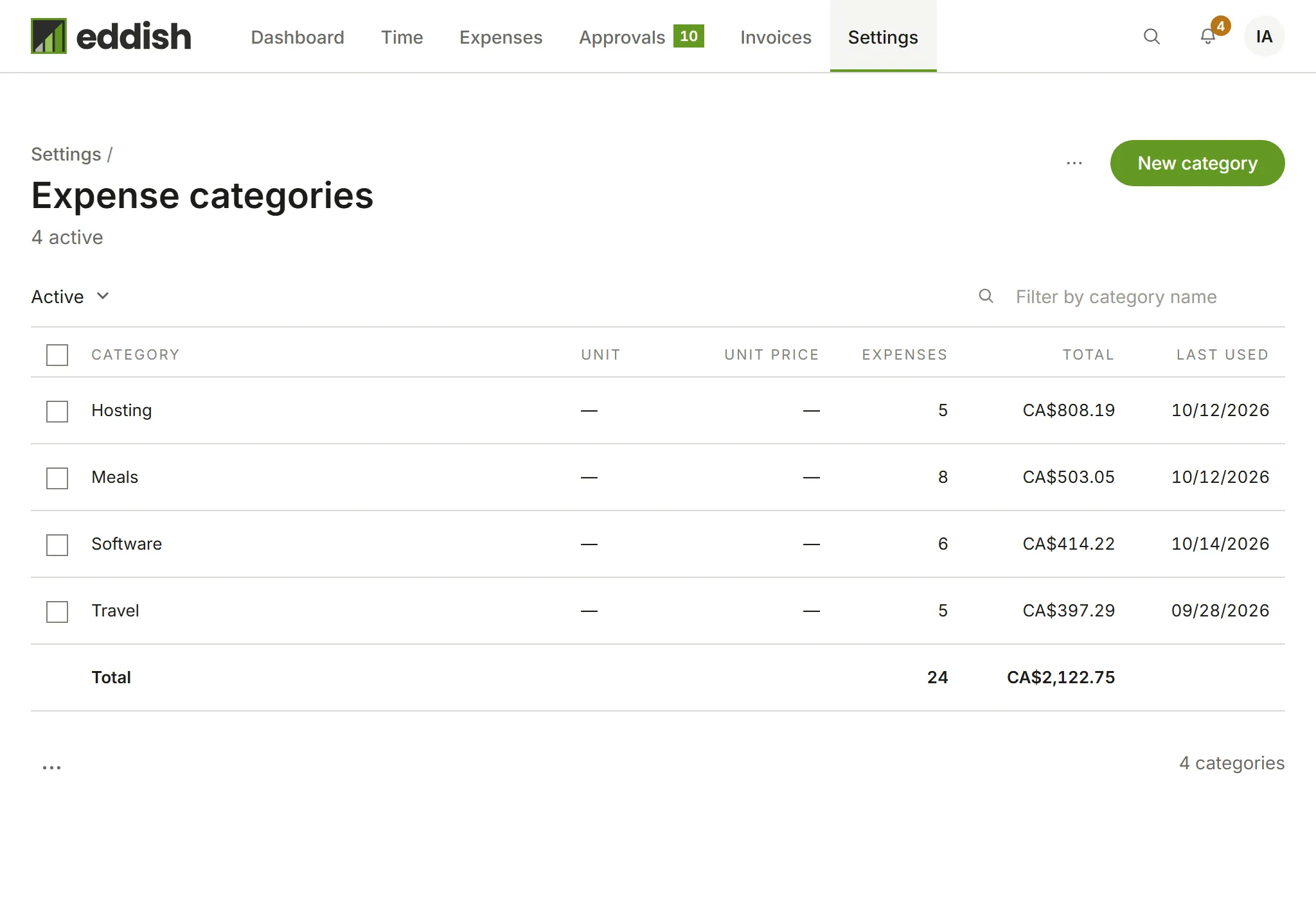 The Expense categories list