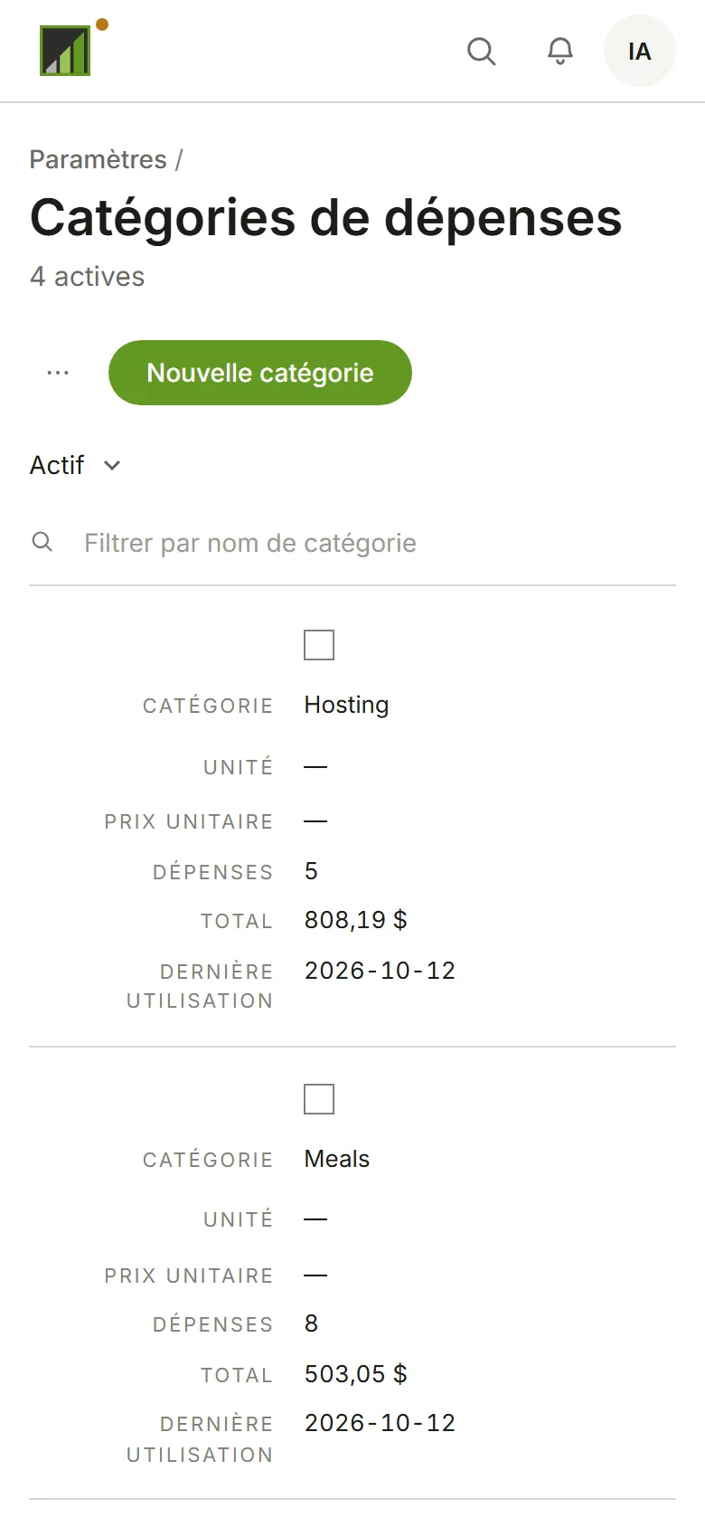 La liste des catégories de dépenses