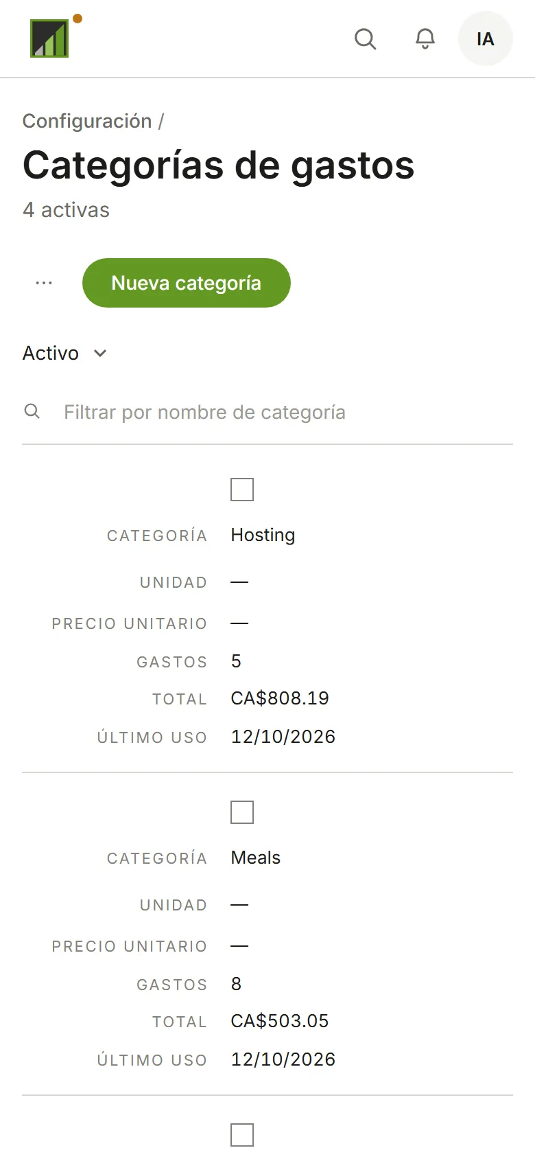 La lista de categorías de gastos