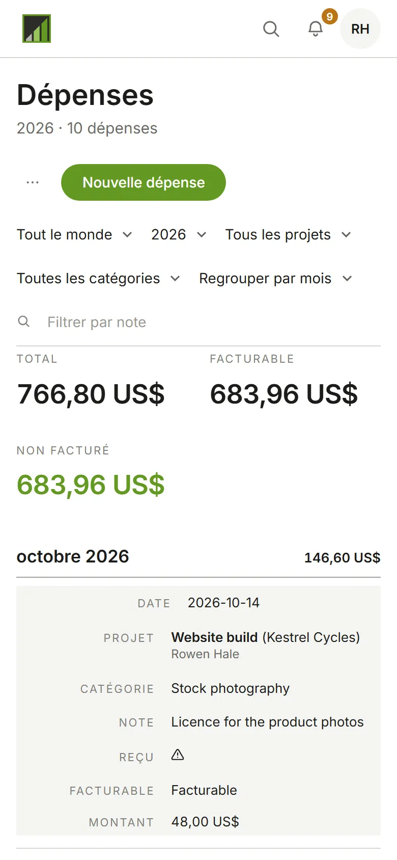 La page Dépenses avec la nouvelle dépense dans la liste