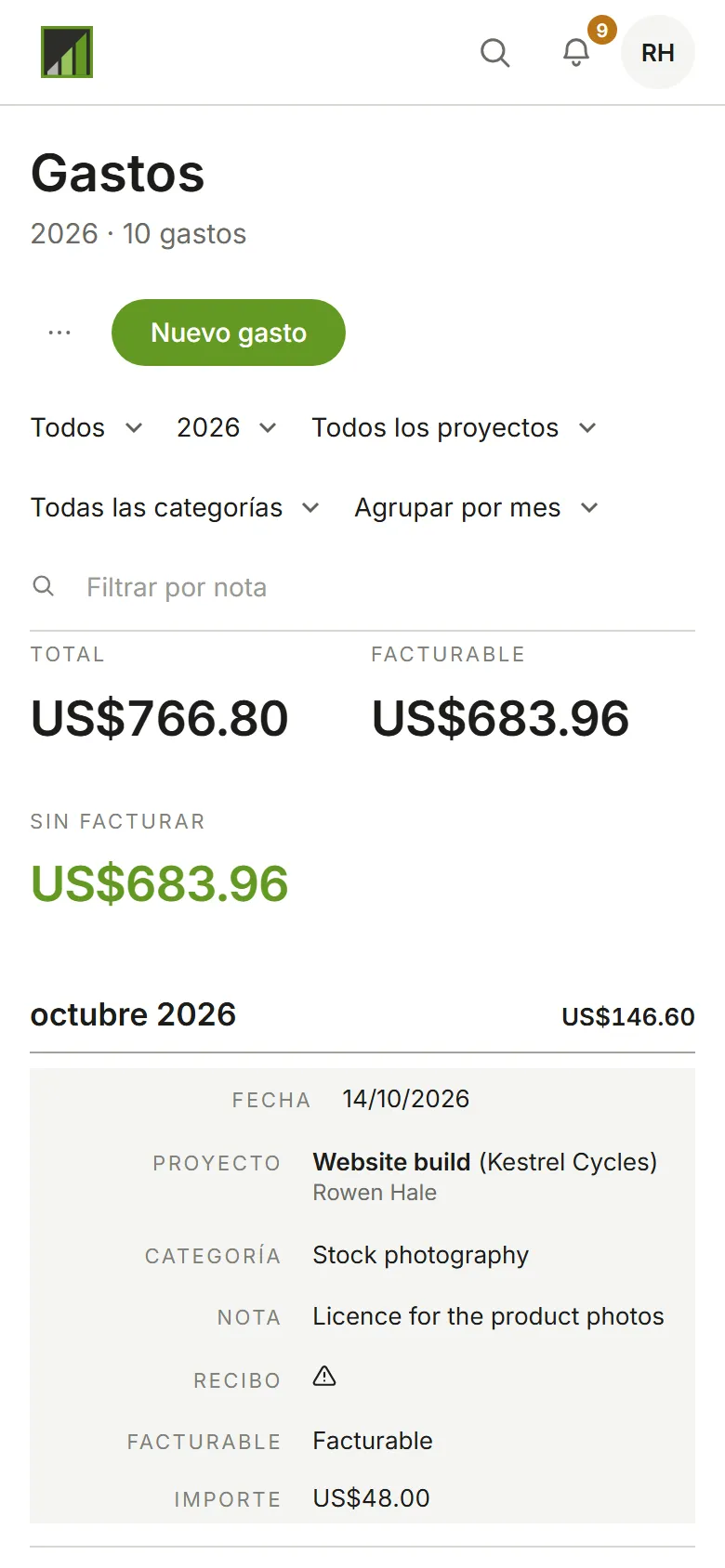 La página Gastos con el nuevo gasto en la lista