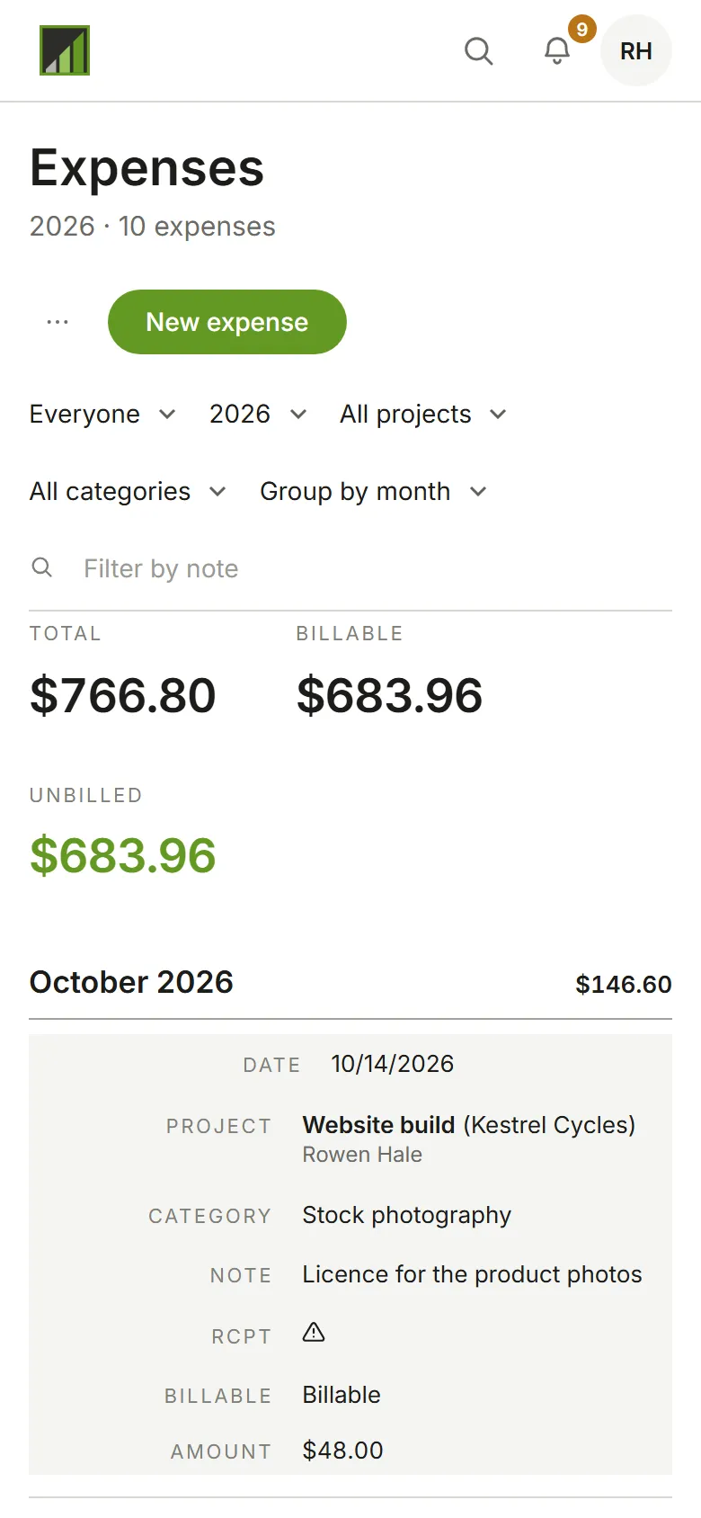 The Expenses page with the new expense listed