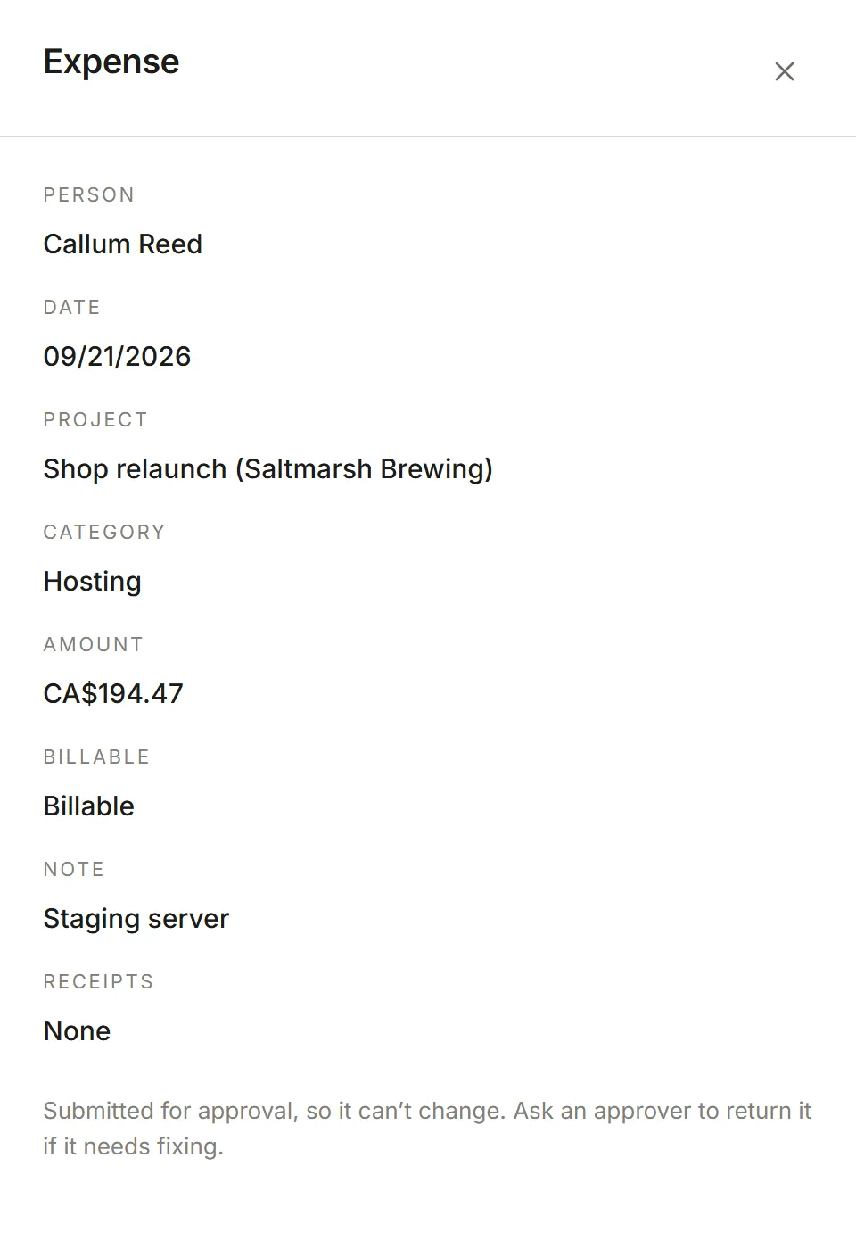 A submitted expense, read only