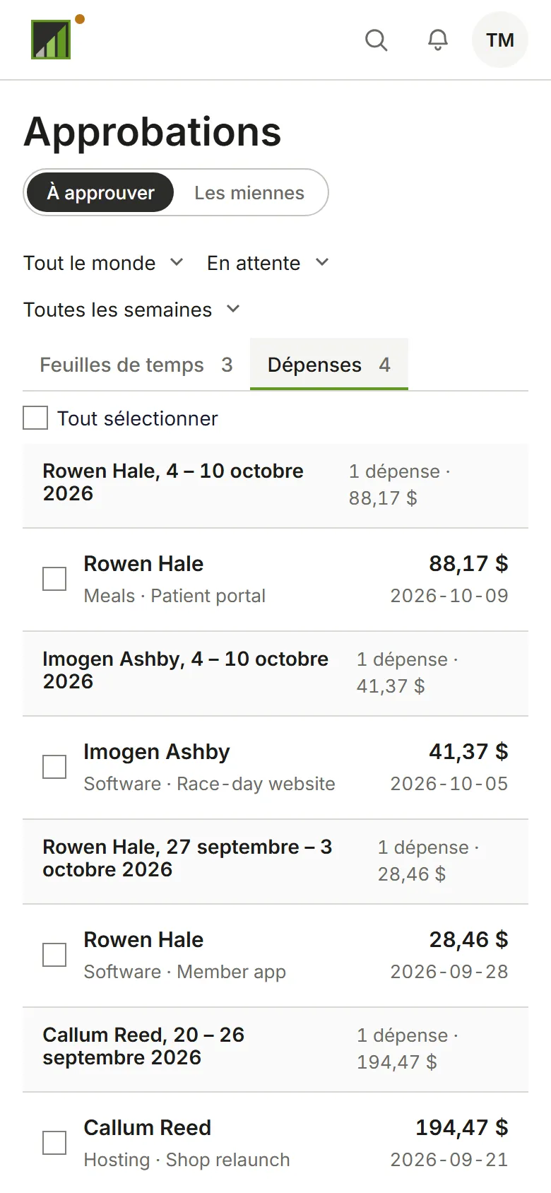 Dépenses en attente d’approbation, regroupées par personne et par semaine