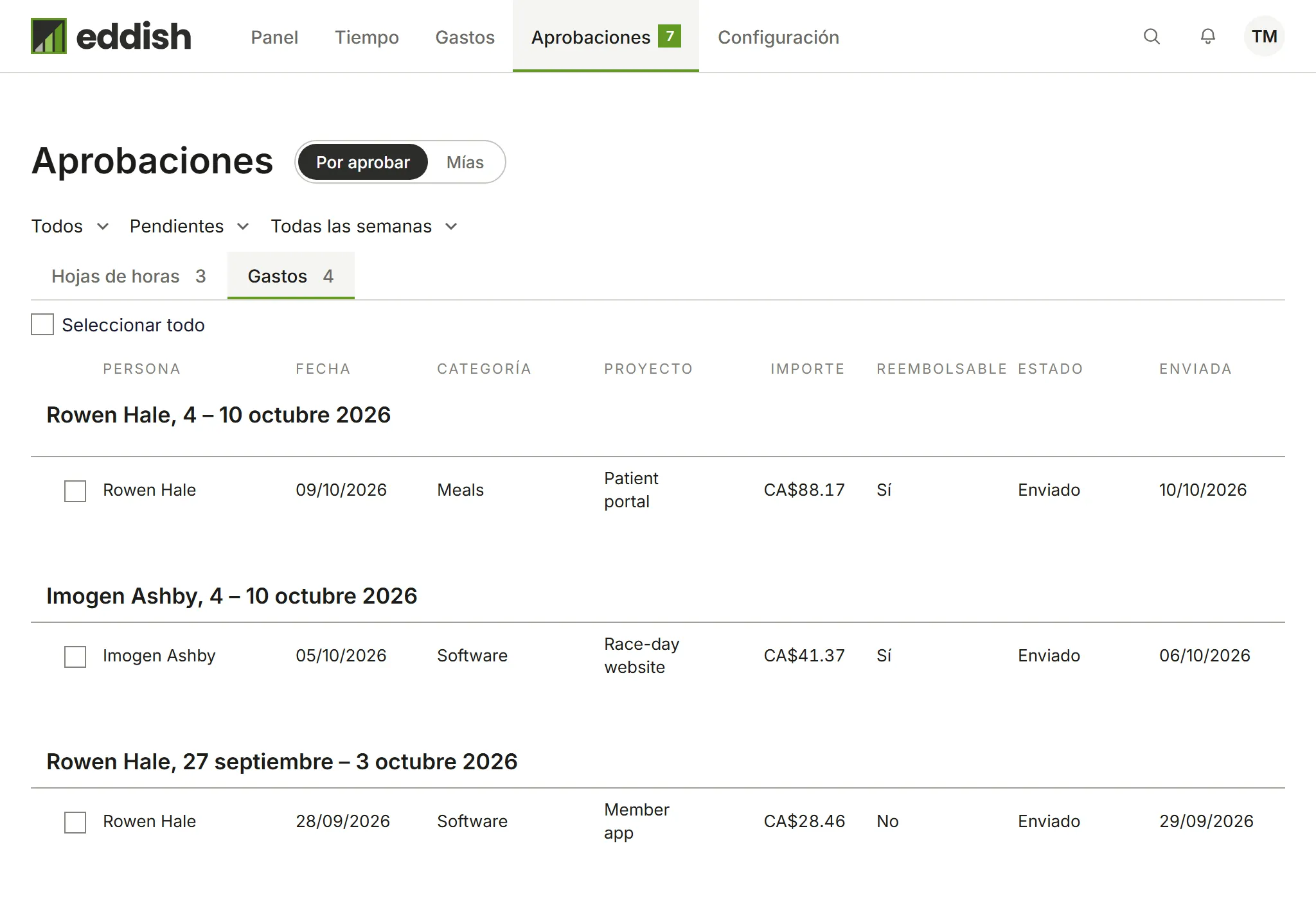 Gastos pendientes de aprobación, agrupados por persona y semana