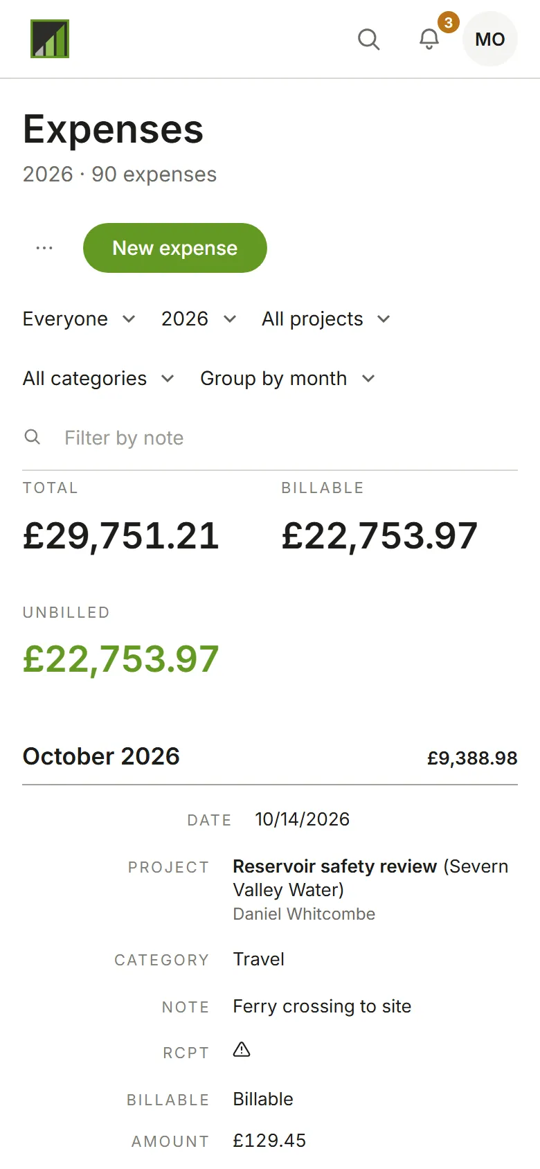 The Expenses page, grouped by month