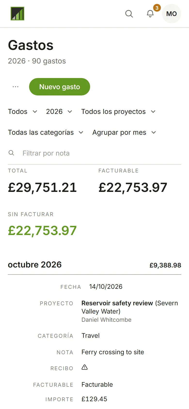 La página Gastos, agrupada por mes