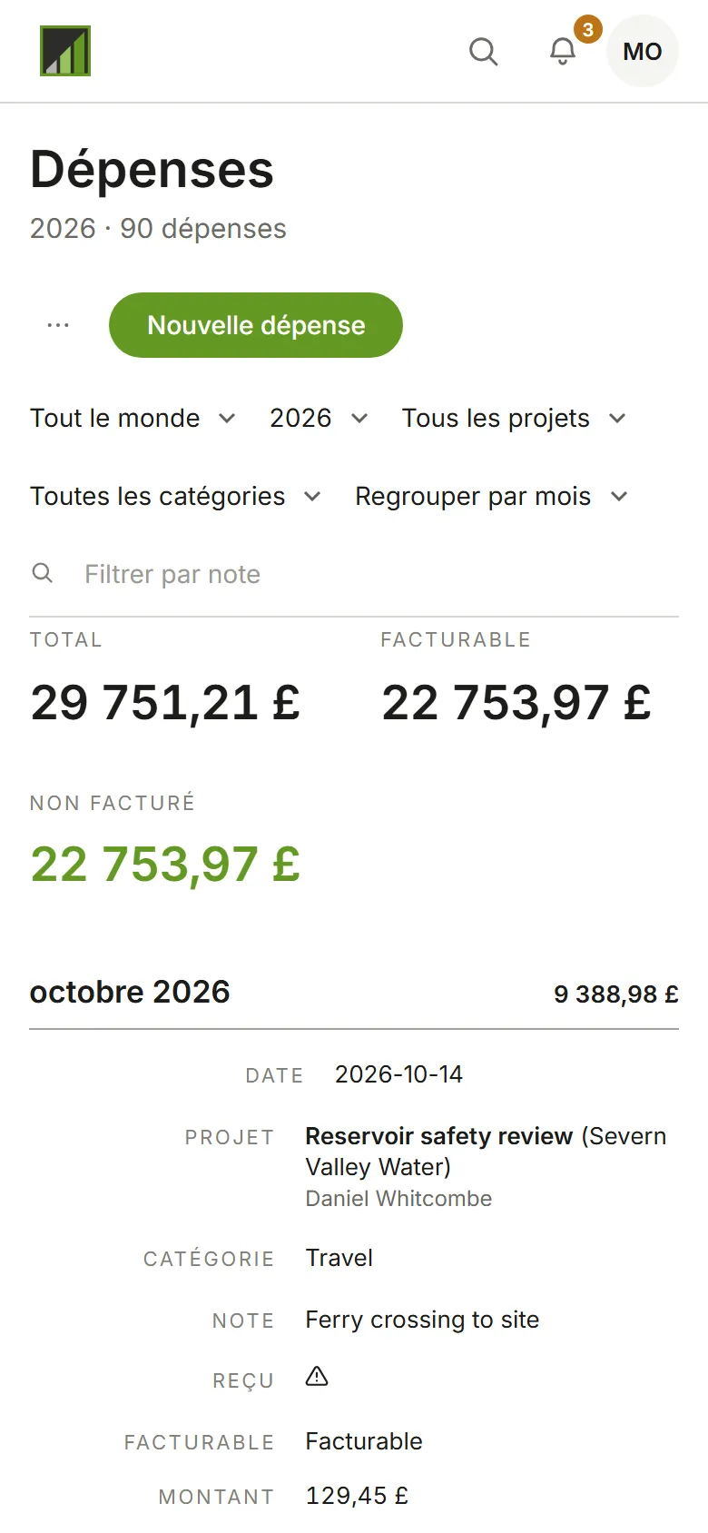 La page Dépenses, regroupée par mois