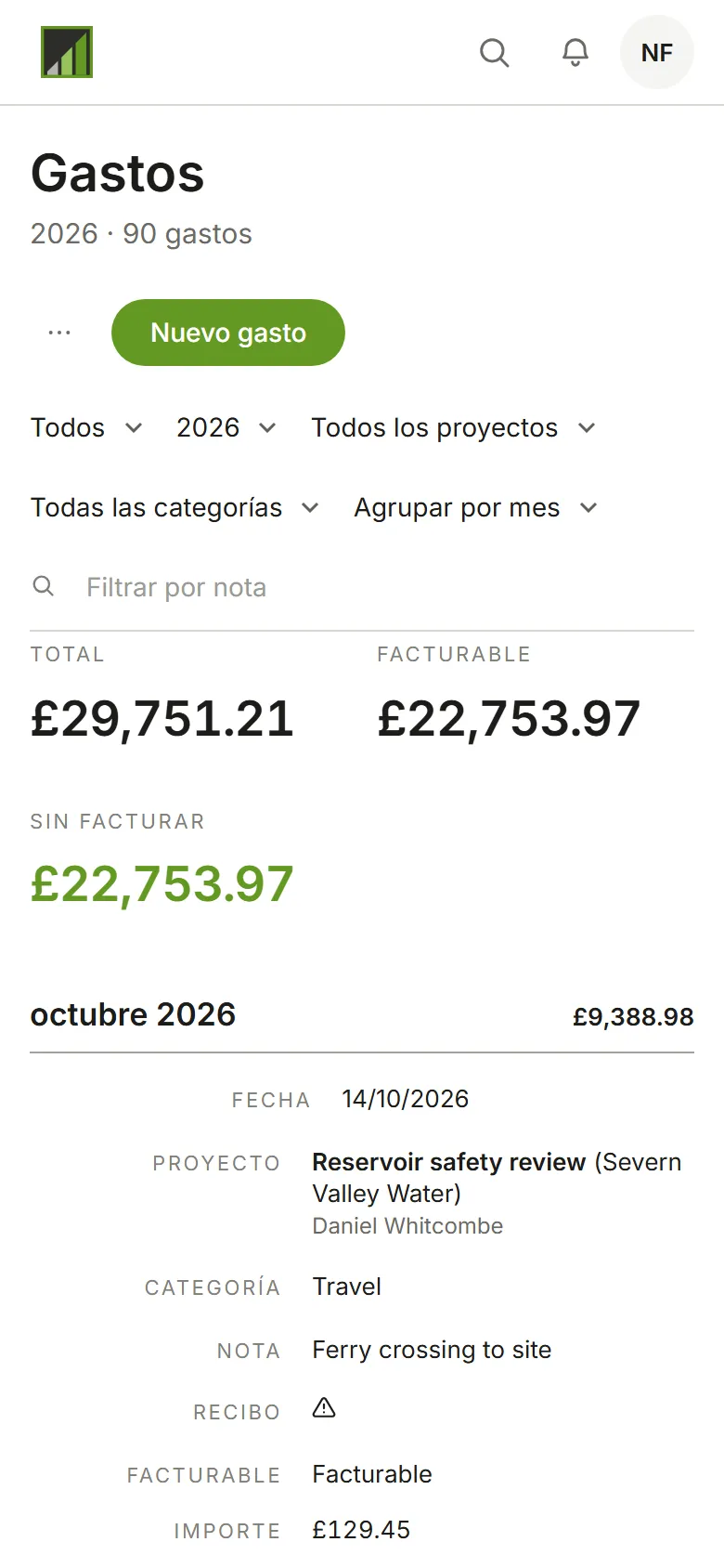 La página Gastos, agrupada por mes