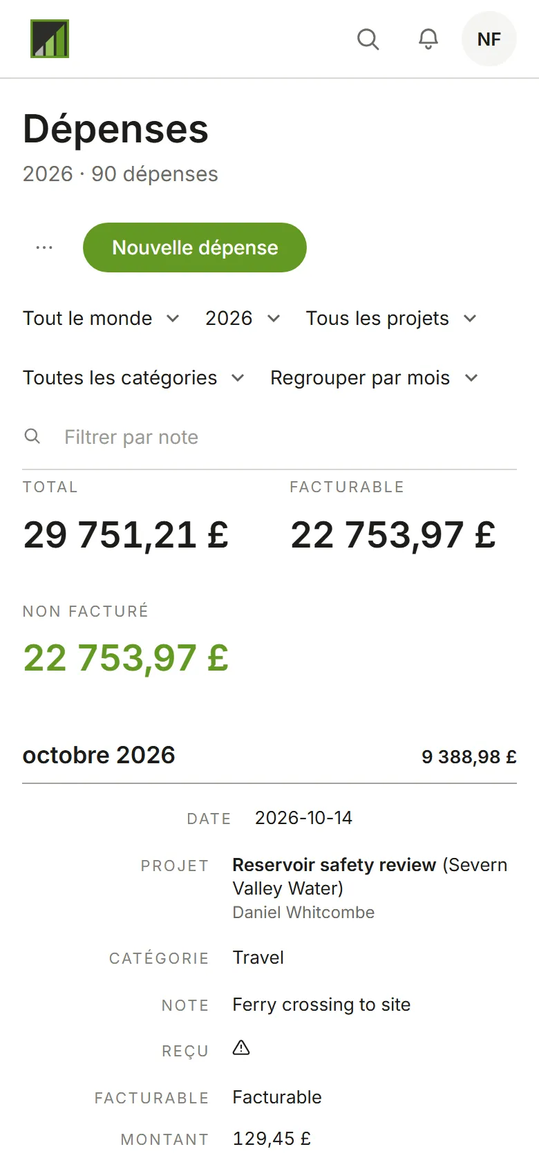 La page Dépenses, regroupée par mois