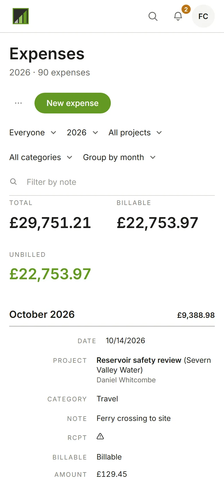 The Expenses page, grouped by month