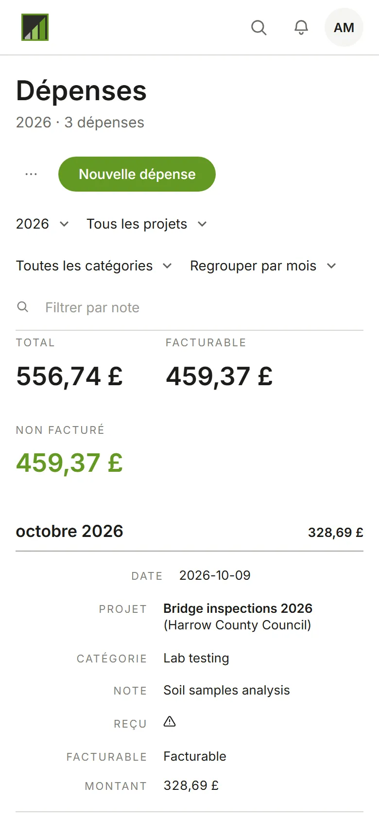 La page Dépenses, regroupée par mois